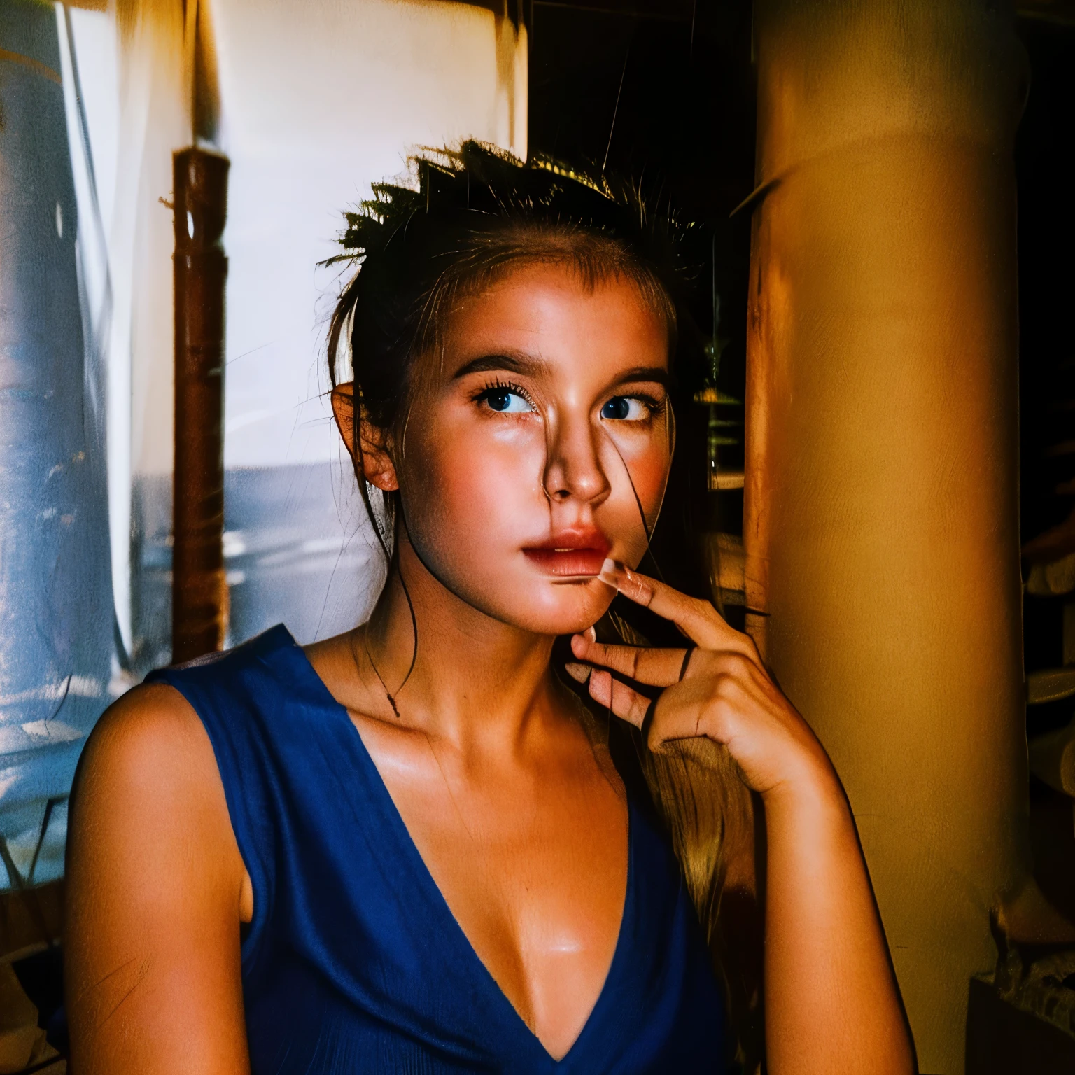 Génère moi une jeune fille ager mince, grande taille, blonde aux yeux bleus, see a débardeur emmanchure américaine noir, Angelic face, boucles d'oreilles créoles