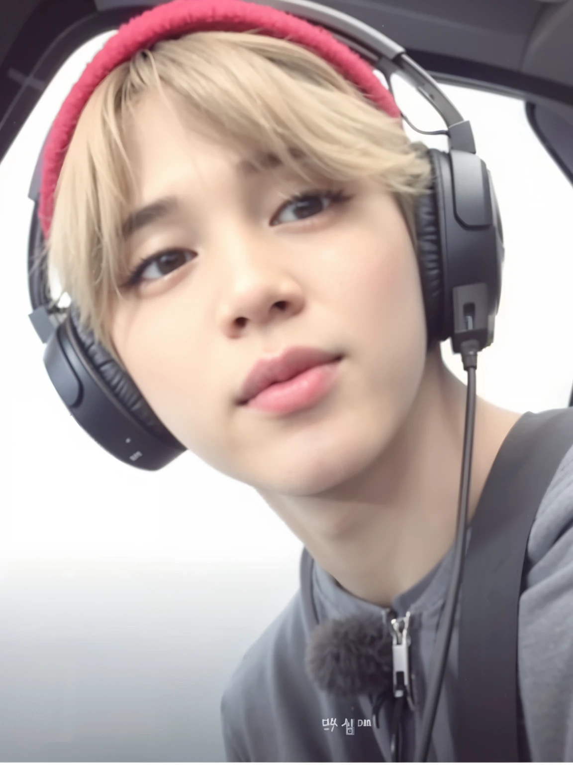 blurred photo of a boy with headphones on a plane, accurate Jimin face, park Jimin, Jimin, Jimin\Plump lips, Jimin\Nariz grego, Jimin\'s right eyelid swollen, foto de perfil headshot, jimin park, androgynous adorable korean face, bts jimin