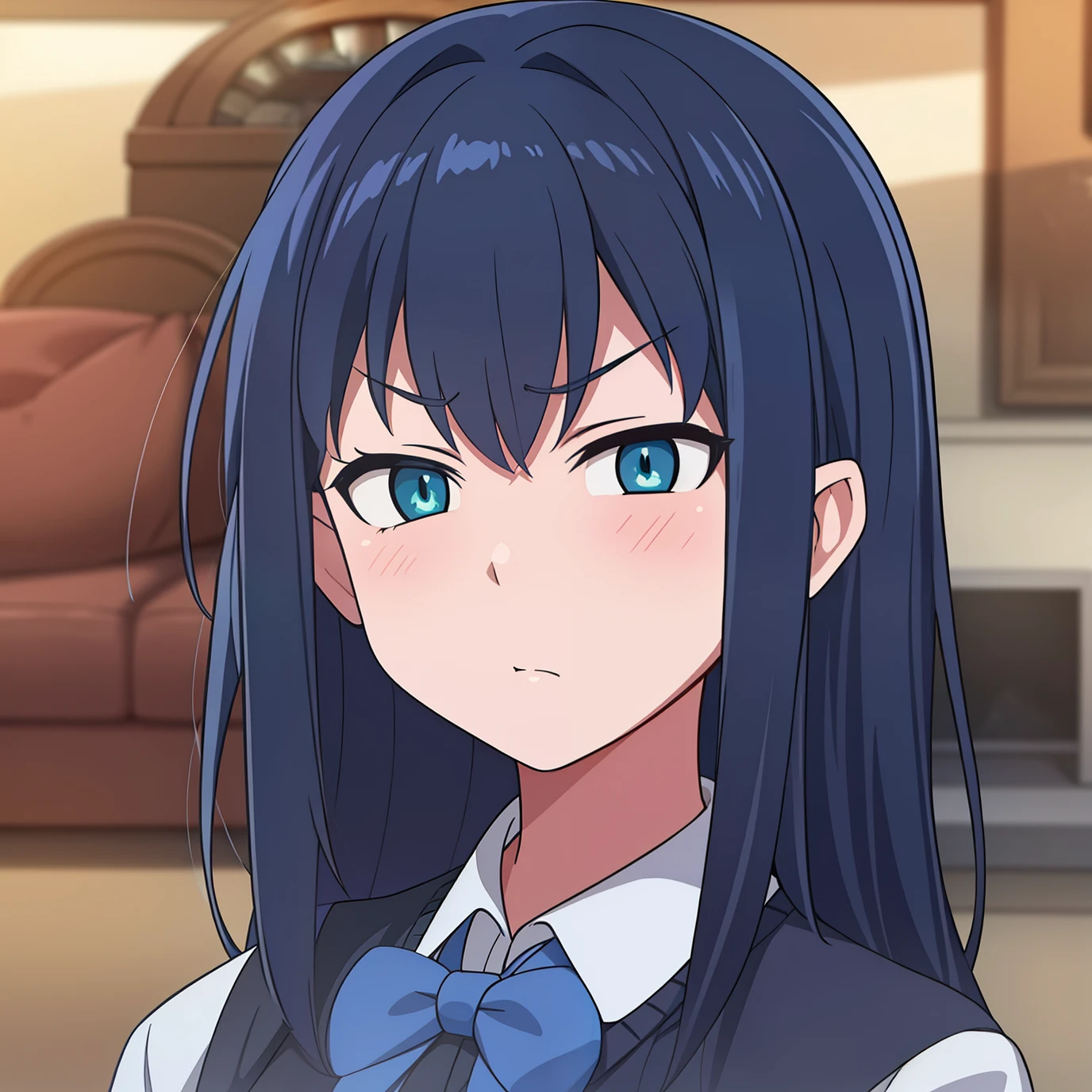 hiquality, tmasterpiece (one girls) Sullen face. cold gaze. dark colored hair. blue bow. Grey vest. white shirt. against the backdrop of a room with a fireplace, Sofa, parquet.
