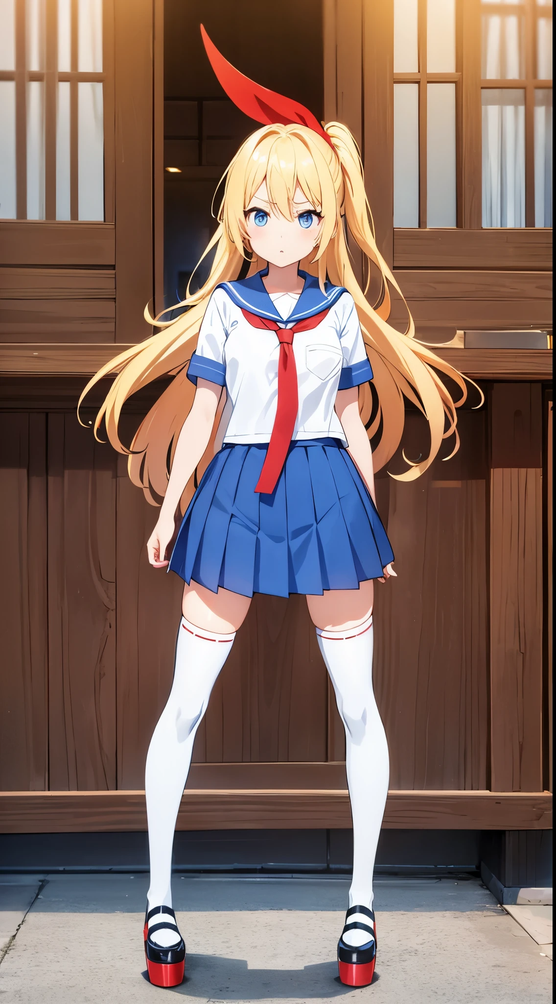 chitoge kirisaki, blonde hair, blue eyes, hair ribbon, long hair, red ribbon, ribbon, black thighhighs, blue skirt, bonyari high school uniform, high heels, necktie, platform footwear, platform heels, pleated skirt, school uniform, serafuku, shoes, short sleeves, skirt, thighhighs, white footwear, zettai ryouiki, face focus