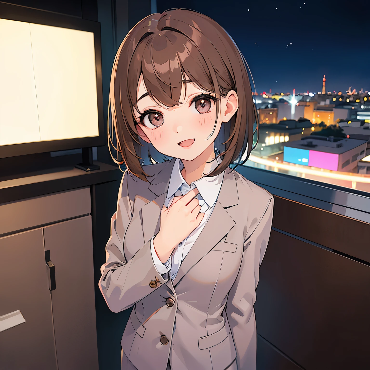 Placing hand on chest, Shooting from above、(Tilting head:1.2), (Staring:1.5), masterpiece、top-quality、 (Medium hair with brown bangs:1.5), 25 year old woman with pink eyes、(Wearing a gray suit:1.5)、white shirt、Close-up of your face、shy, blush, Smiling expression、open mouth, is standing、background is city at night、Bold composition、Upper body is shown、Alone、