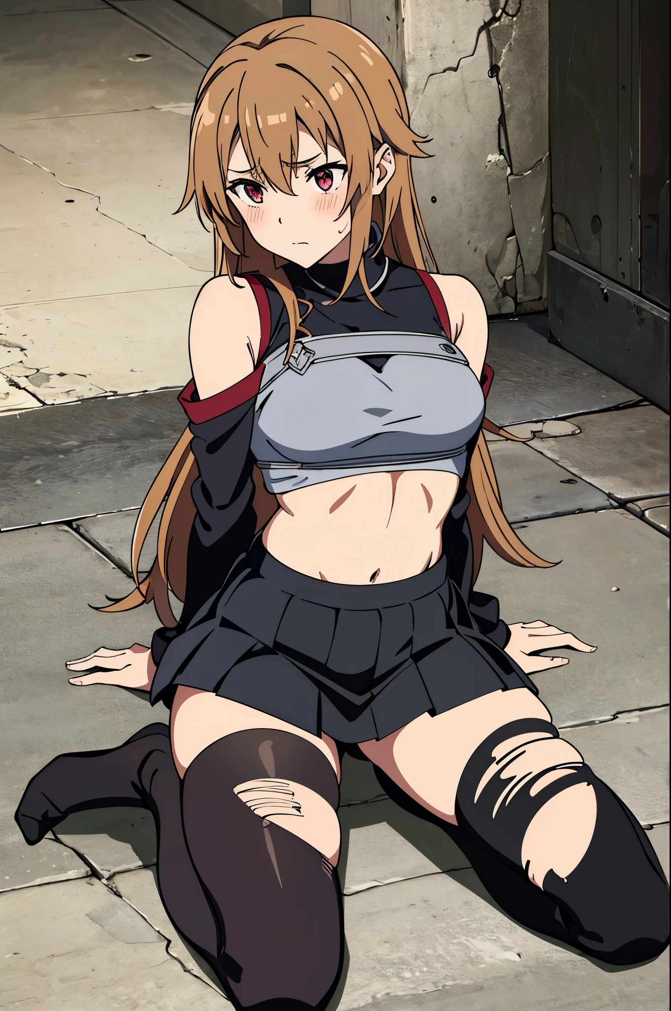 1woman, brunette hair, sword art online asuna face, hair covering right eye, blushing, ripped up spaggethi strap crop top, pleated black ripped skirt, detaily ripped off black tigh-highs, her thigh-highs being shrdedded, getting her clothes ripped to shreds, all destroyed and ripped off clothing, no shoes, laying on back in fetel postition, scracthed and bruised and bleeding, dungeon background, low health points, ryona, beat up girl, near death, fom above