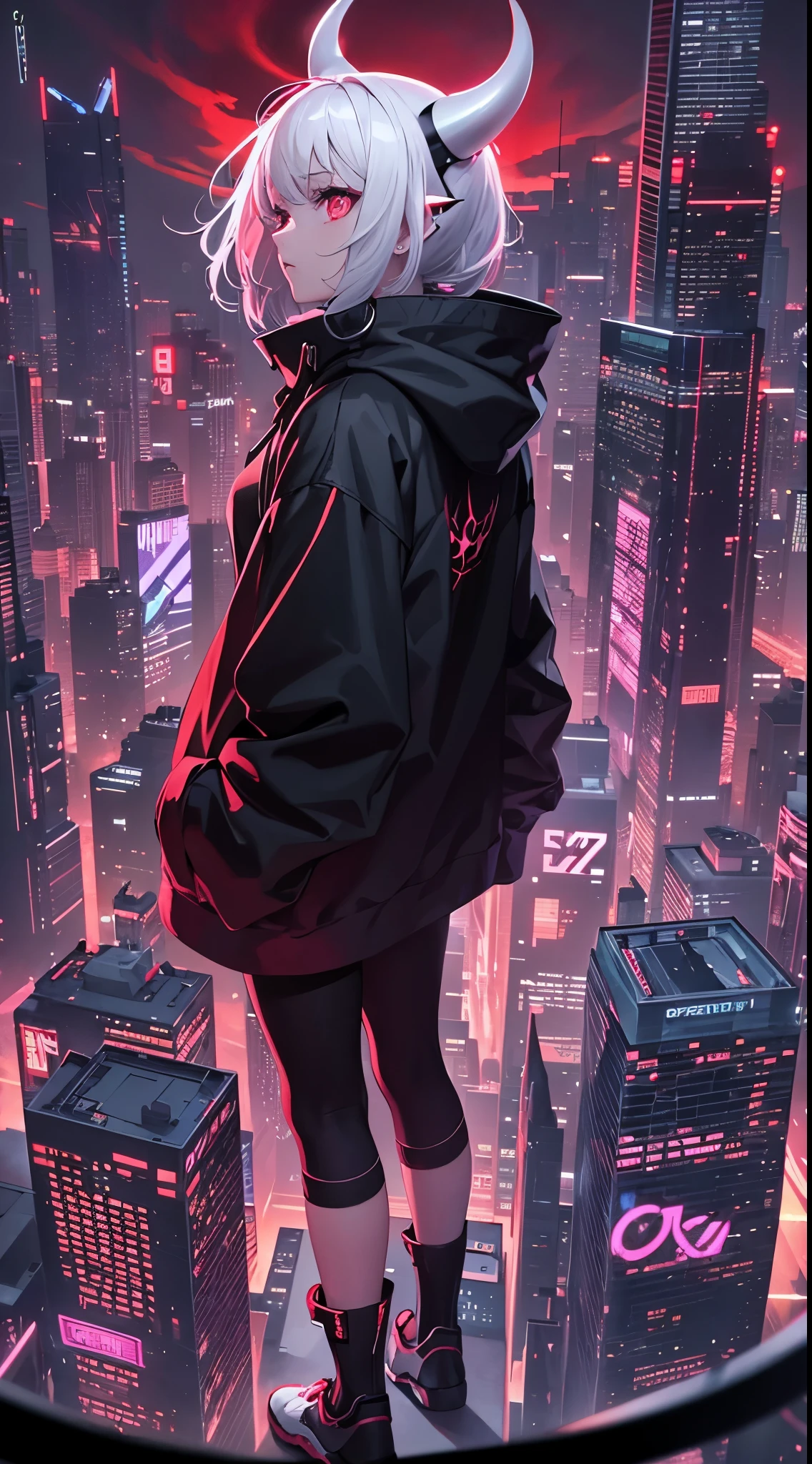1 girl, white hair, oversized black hoodie, cyber daemon, , cyberpunk, ((cyber horns)), red eyes, from top of skyscraper looking at city