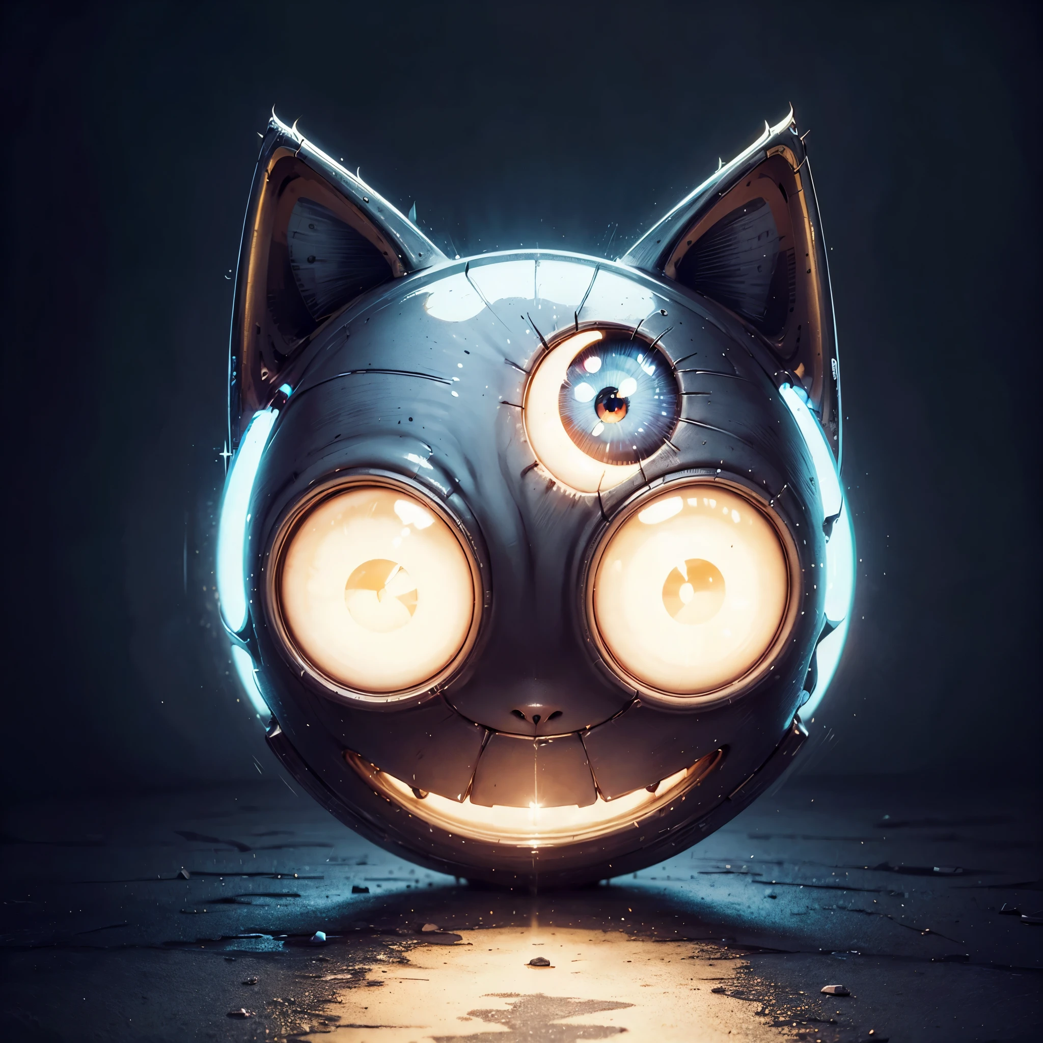 (hightquality、8K、Ulutra HD)、Front view of a slightly creepy cat-shaped robot head、Perfect build、iconic design、 modeling、Glowing eyes、A crescent-shaped smiling mouth that splits all the way to the ears...................、Digital Painting、concept-art、three-dimensional light reflection、2d render、Art Germ、ArtStat Trends, Beautiful Anime Cat Girl,circling whiskers