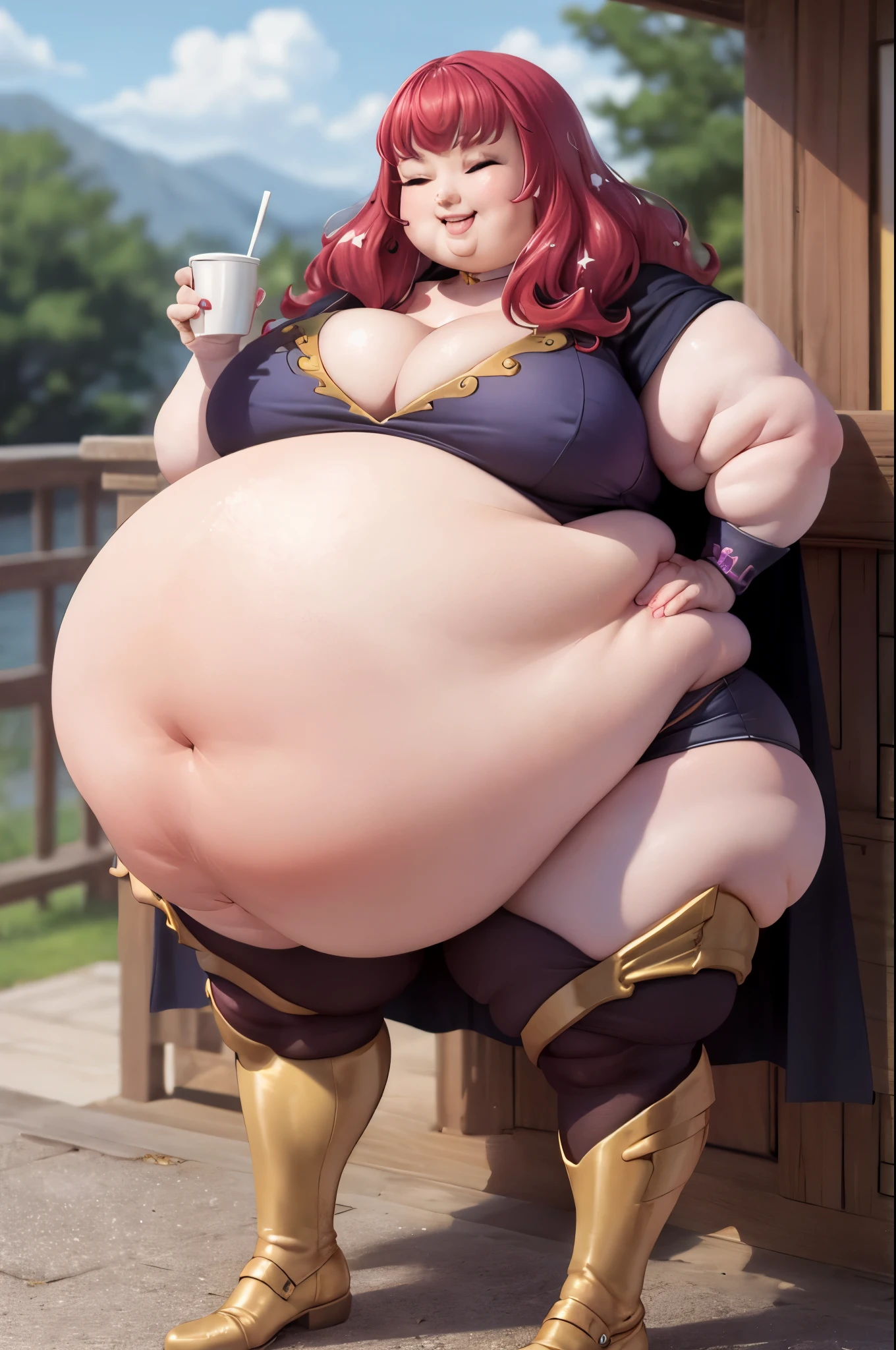 (masterpiece, best quality:1.2), cowboy shot, solo, 1girl, yunaka, grin, looking at viewer, hand on hip, star hair ornament, one eye closed, bodysuit, cape, belt, choker, cleavage,,extremely obese, (obese belly):1.7, (obese legs):1.5, fat rolls, SSBBW Adeline body,(thicc:0.5), (WeightImmobile:1.3), (obese:1.2) (round face:1.3), huge belly, wide hips, from below, discoelysium, legs spread, muffin top, pudgy, Big Baby Bump pregnant, Big boobs, Big pregnant Belly, Big Pregnant girl, Largest Belly of Pregnant, Huge Pregnancy, Huge 9 months Pregnancy Belly, huge belly expansion, huge belly girl, morbid obesity,800lbs,enormous fat belly, rolls of fat, fat thighs, Massively Bloated Abdomen, ridiculously large spherical Belly, oversized spherical stomach, ridiculously oversized pregnant belly, huge stomach