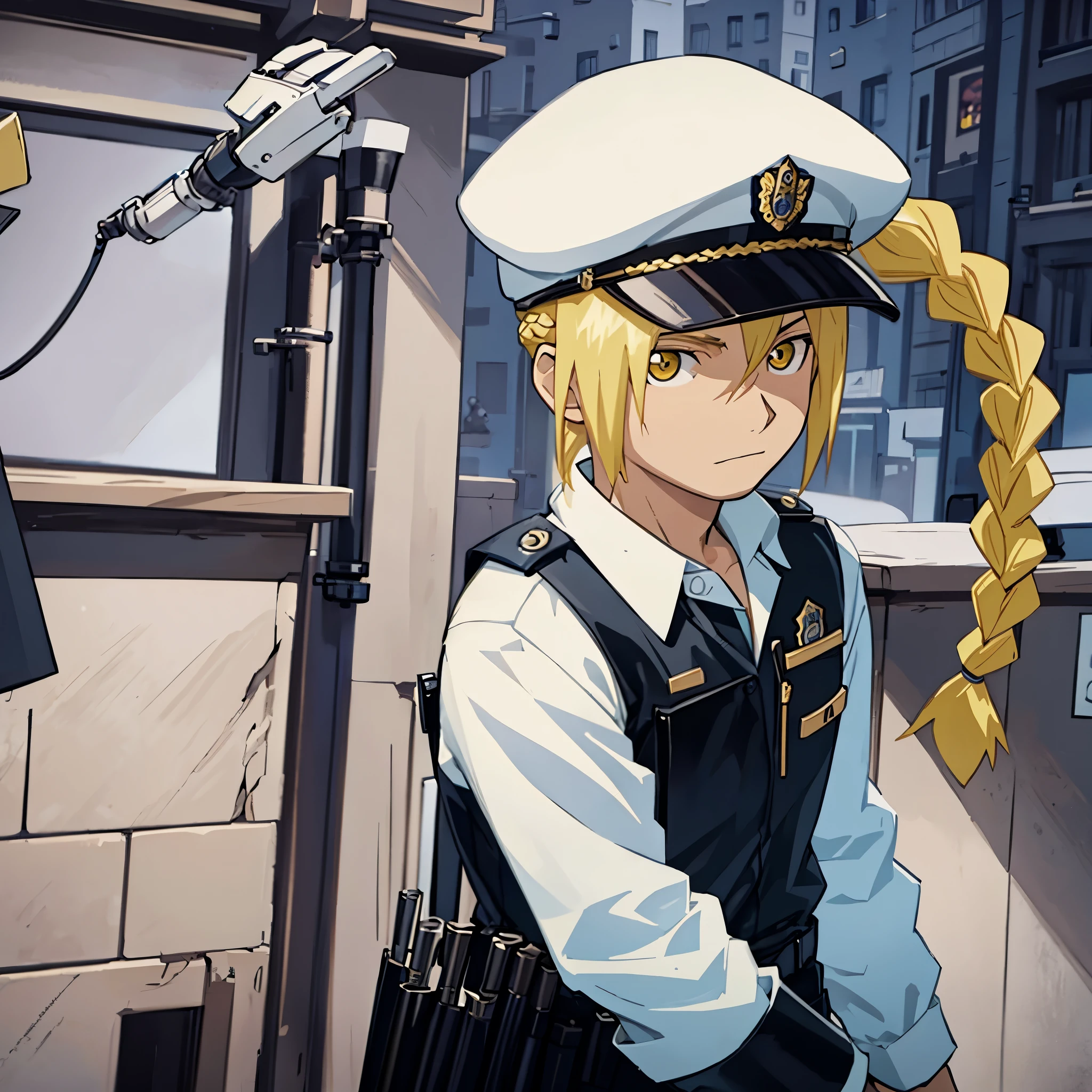 masterpiece, best quality, wallpaper, police, police cap, 1boy, solo, male focus, looking at viewer, , , , realistic, edward_elric, blonde hair, yellow eyes, braid, single braid, braided ponytail, single mechanical arm, , , , 32k resolution, police cap, police clothes, police, police officer,