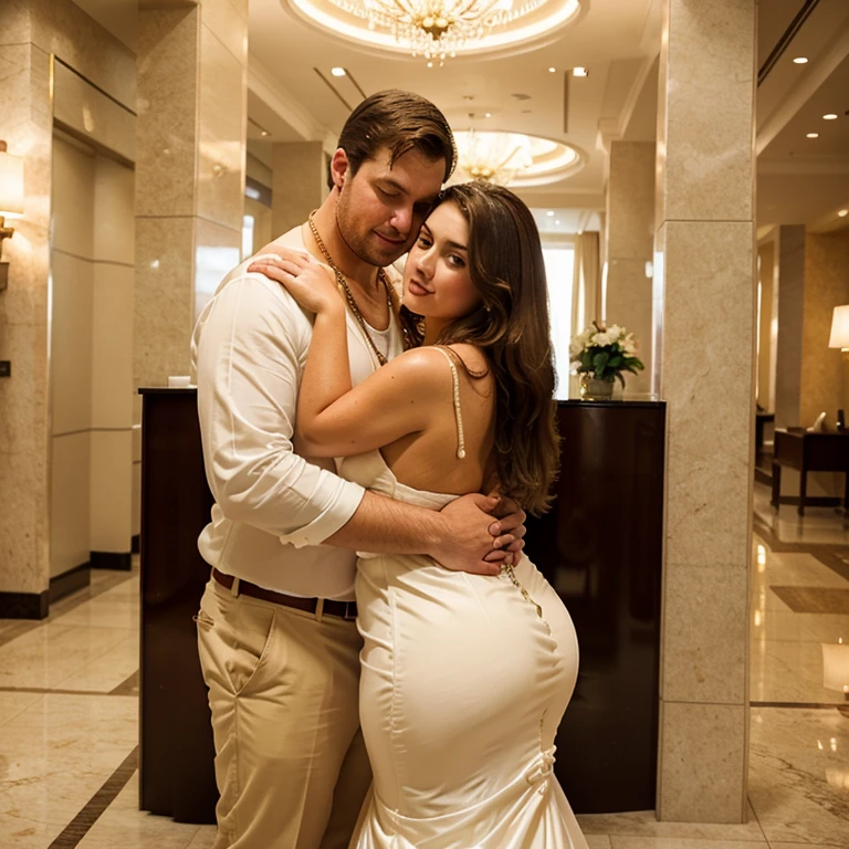 Cuckold chubby white hotwife, brown hair, wedding dress, golden necklace, tall man, romantic,man hugging her forma behind, hotel lobby, illustrations, ultra-detailed, realistic, vivid colors, full body picture, warm tones, soft lighting