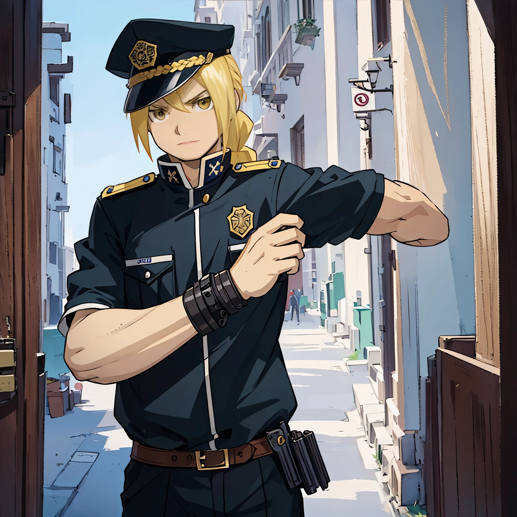 masterpiece, best quality, wallpaper,  police, police cap, 1boy, solo, male focus, looking at viewer, , , , realistic, edward_elric, blonde hair, yellow eyes, braid, single braid, braided ponytail, single mechanical arm, , , , 32k resolution, police cap, police clothes, police, police officer,