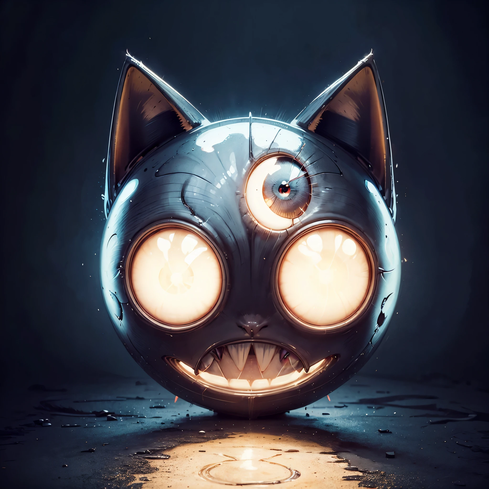 (hightquality、8K、Ulutra HD)、Front view of a slightly creepy cat-shaped robot head、Perfect build、iconic design、 modeling、Glowing eyes、A crescent-shaped smiling mouth that splits all the way to the ears...................、Digital Painting、concept-art、three-dimensional light reflection、2d render、Art Germ、ArtStat Trends, Beautiful Anime Cat Girl,circling whiskers
