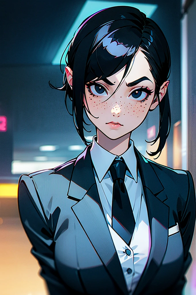 ((hair tucked behind ear)), black hair, freckles, woman, (black eyes), suit and tie, neon blue city