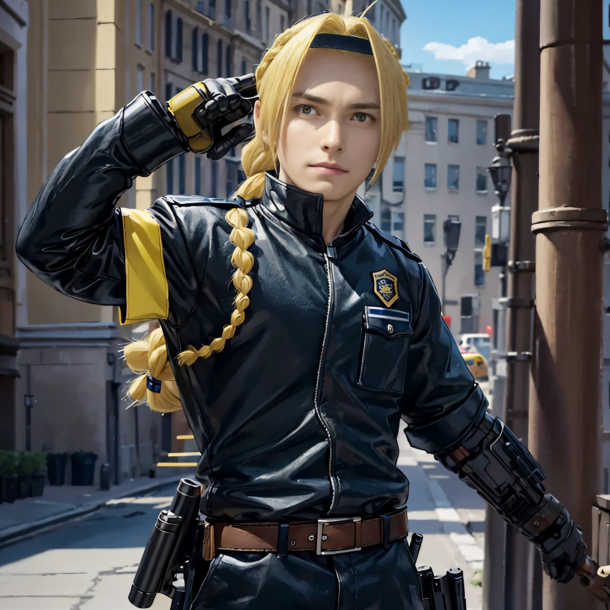 masterpiece, best quality, wallpaper,  police, police cap, 1boy, solo, male focus, looking at viewer, , , , realistic, edward_elric, blonde hair, yellow eyes, braid, single braid, braided ponytail, single mechanical arm, , , , 32k resolution, police cap, police clothes, police, police officer,