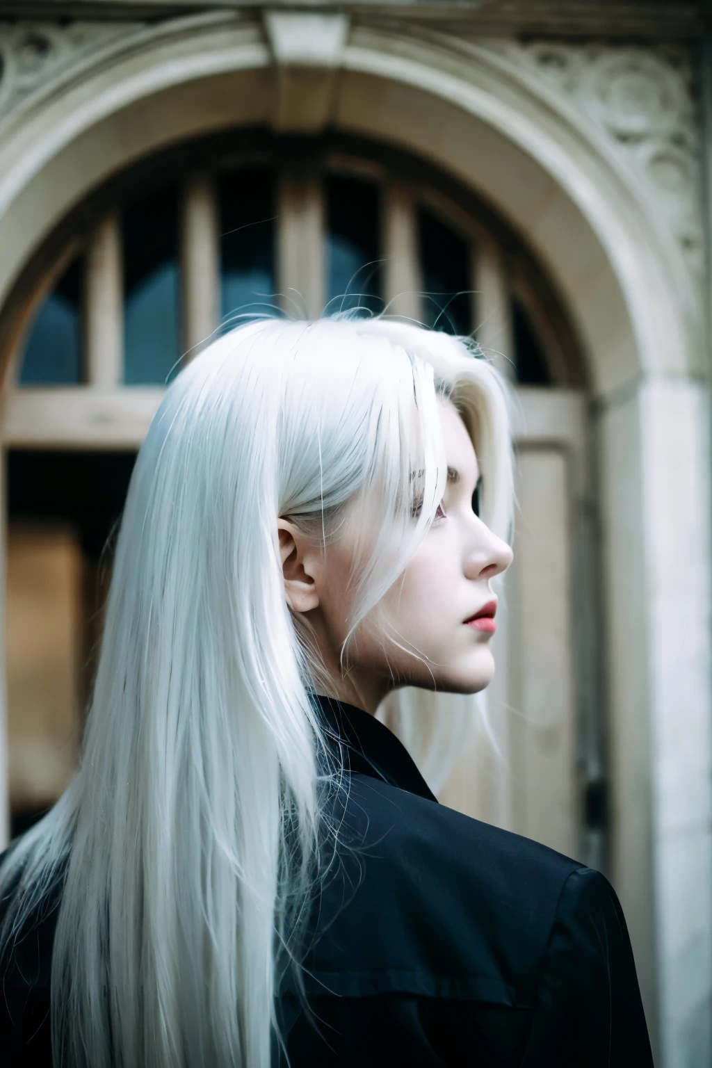 white hair、Masculine atmosphere、Longhaire、Blue eyes、Mysterious、masterpiece、FullHD、blanche、Cool face、Neutral face、wolf、hunter eye、wears a suit、Downer system、Posing、Profile seen from behind