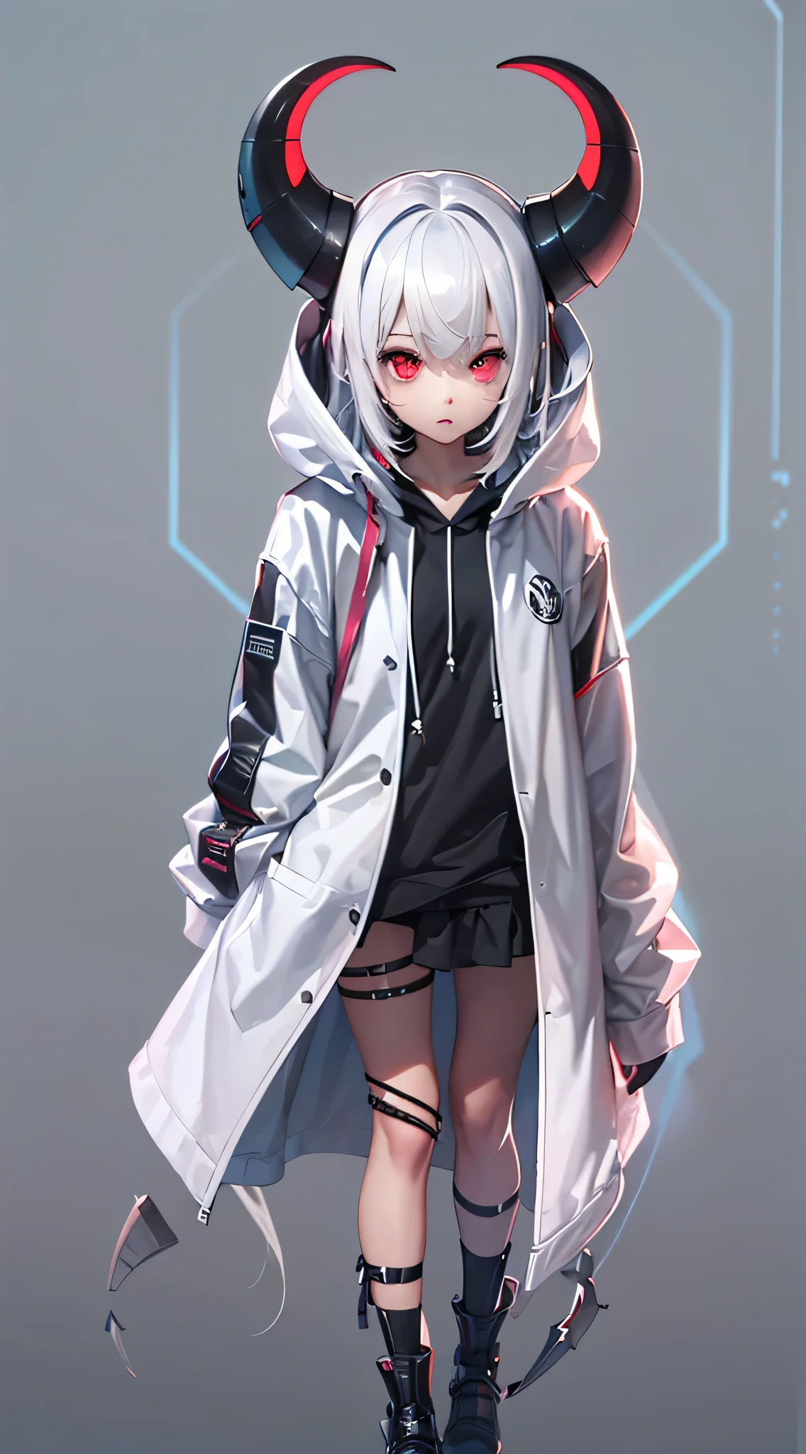 1 girl, white hair, oversized black hoodie, cyber daemon, loli, cyberpunk, ((cyber horns)), red eyes, full body shot, front shot, clean background