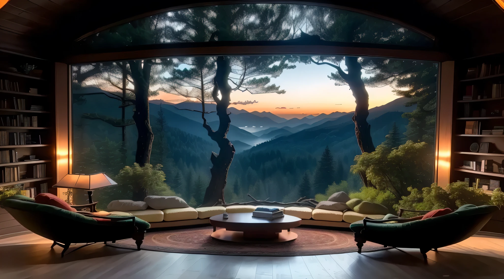 a view of a living room with a couch and a table, relaxing environment, cozy place,All set amidst stunning outdoor landscapes, Comfortable and peaceful atmosphere, Overlooking the vast and tranquil forest, cozy environment, Computer desktop stock trend chart,fireplace, blend into the mountains, soothing and cozy landscape, beautiful light landscape