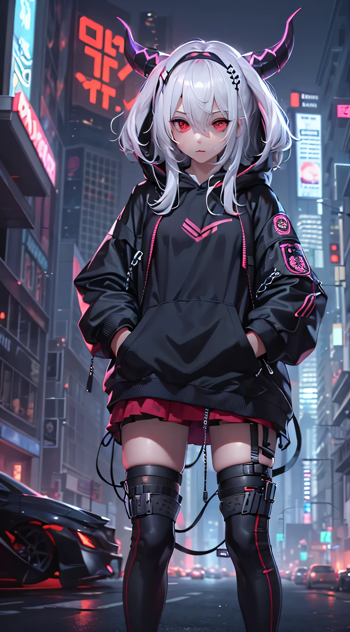 1 girl, white hair, oversized black hoodie, cyber daemon, loli, cyberpunk, ((cyber horns)), red eyes, full body shot, front shot, clean background