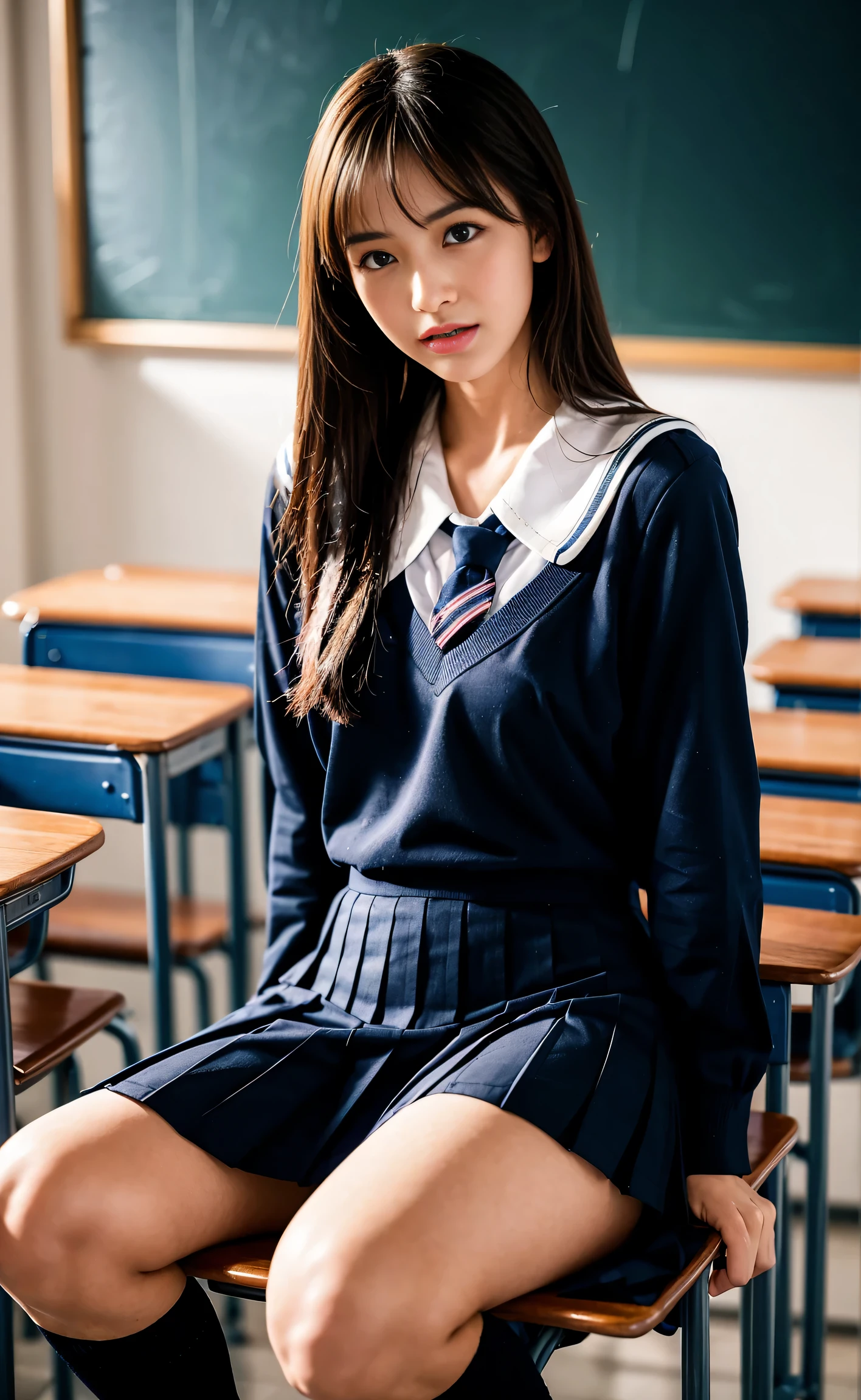 ​masterpiece, hi-school girl, (School Uniforms:1.5), (Extremely beautiful face, slender), Navy Sox, Sit down and open your crotch, (Bright school classroom:1.2), lookin at viewer, Realistic, full body, (Spread the pubic area with your fingers:0.5), RAW, Extremely detailed, Ahegao:0.2, rolling her eyes, red blush, crying, sexual excitement, Expressions, shinny skin