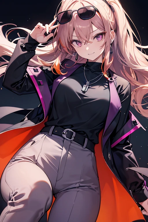 29 years old lady, orange one length hair above her neck , wearing purple colored lenses sunglasses, endearing smile, wearing a black shirt and deep brown vest, silver necklace, forelock above her eyes, wearing a trouser suit, slender body, wearing black boots, looks passionate, cheerful pose