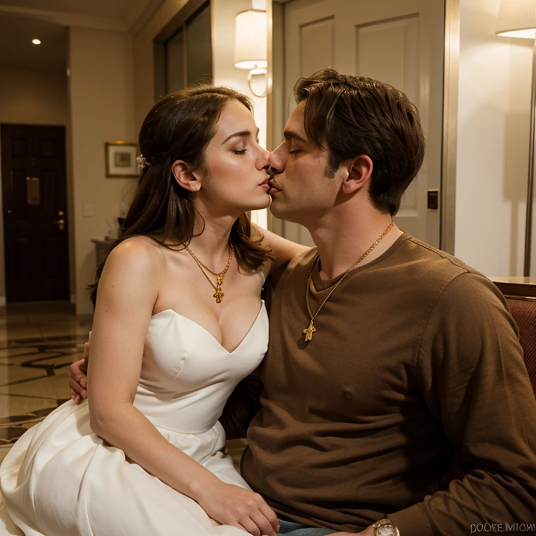Cuckold chubby white hotwife, brown hair, wedding dress, golden necklace, tall man, romantic,man kissing, hotel lobby, illustrations, ultra-detailed, realistic, vivid colors, full body picture, warm tones, soft lighting