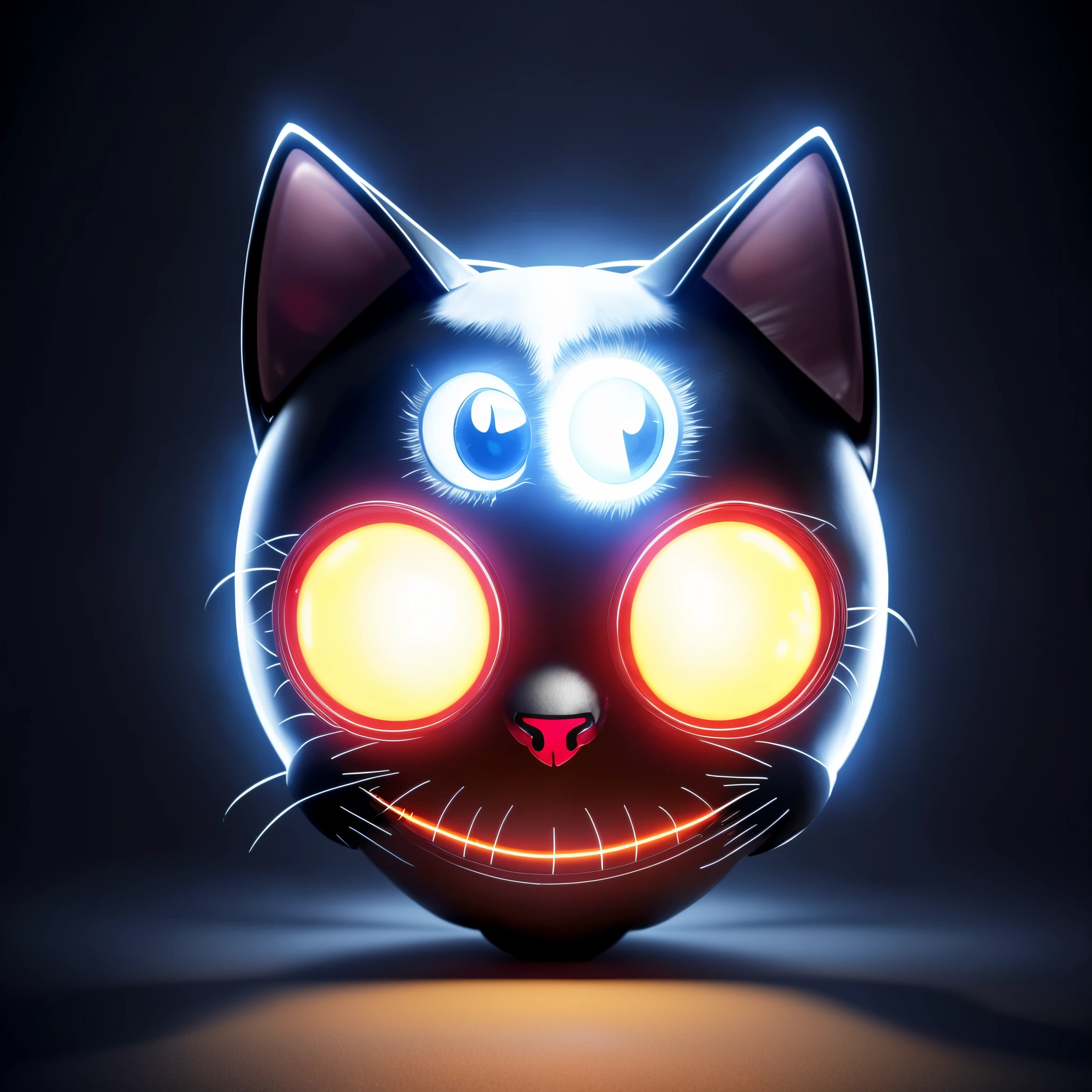 there is a black cat With glowing eyes and a crescent on its face, Metal cat ears and glowing eyes, metal and glowing eyes, evil smile and glowing eyes, With glowing eyes, Eyes that glow white, Cute 3 d render, large glowing eyes, Glowing eyes and mouth, anime cat, Cute! C4D, Magic glowing eyes, cyborg kitten
