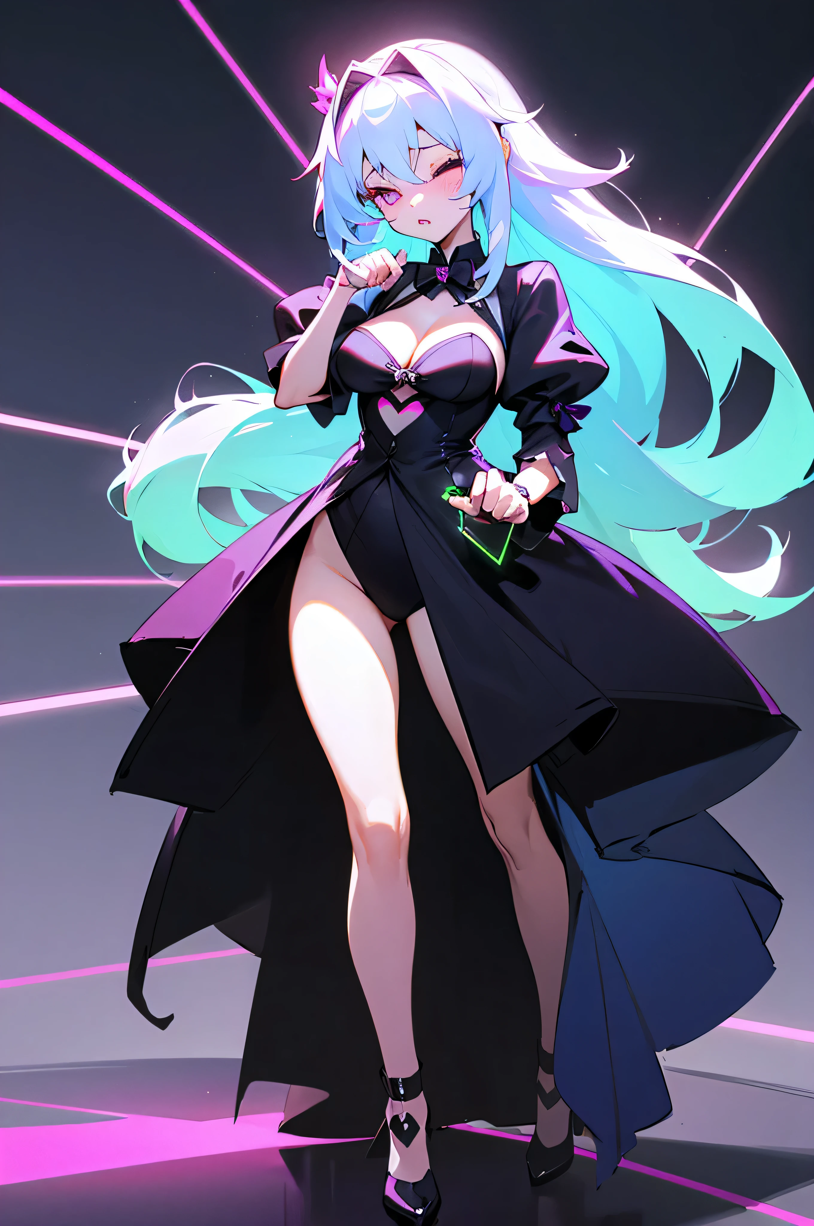 Gorgeous princess,Niō Standing、Female Solo ,full body Esbian、 long-haired、cleavage of the breast、、neon noire、,look down on, mobster、 neon laser、Neon feeling、The hand is a fist、