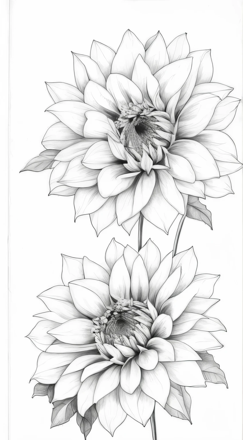 a drawing of two dahlia flowers with leaves on a white background, line drawing tattoos, line work, perfect pen and ink line art, higly detailed black ink outline, detailed flowers, highly detailed linework, perfectly detailed linework, black ink line art, extremely detailed linework, detailed linework, detailed line work, extremely fine ink lineart, outline sketch