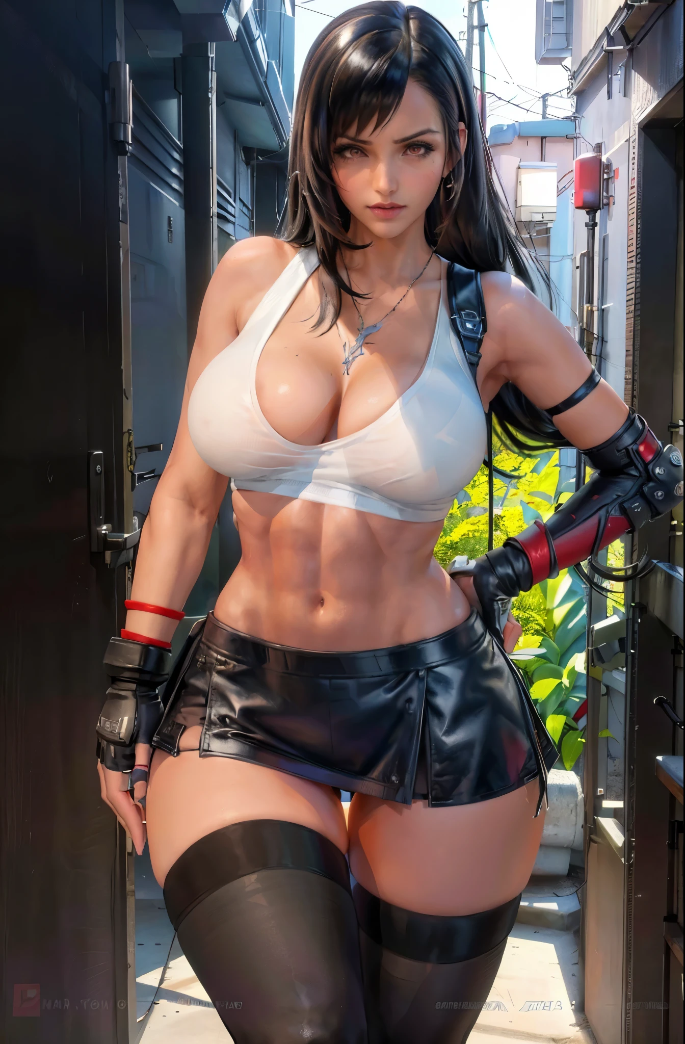 (8k, best quality, masterpiece:1.2), (realistic, photo-realistic), ultra-detailed, 1 girl,cute, solo, (tifa lockhart), (large breasts), neon lights, cityscape, depth of field, sharp focus, single elbow pad, ankle boots, black hair, black thighhighs, red boots, elbow gloves, elbow pads, fingerless gloves, taut shirt, sports bra, (black skirt), thighhighs, white tank top, full body, pretty face, long hair, ((red_eyeokeh, cinematic lighting, (Tetsuya Nomura style), nsfw, perfect breasts (standing, hands on hips:1.3)