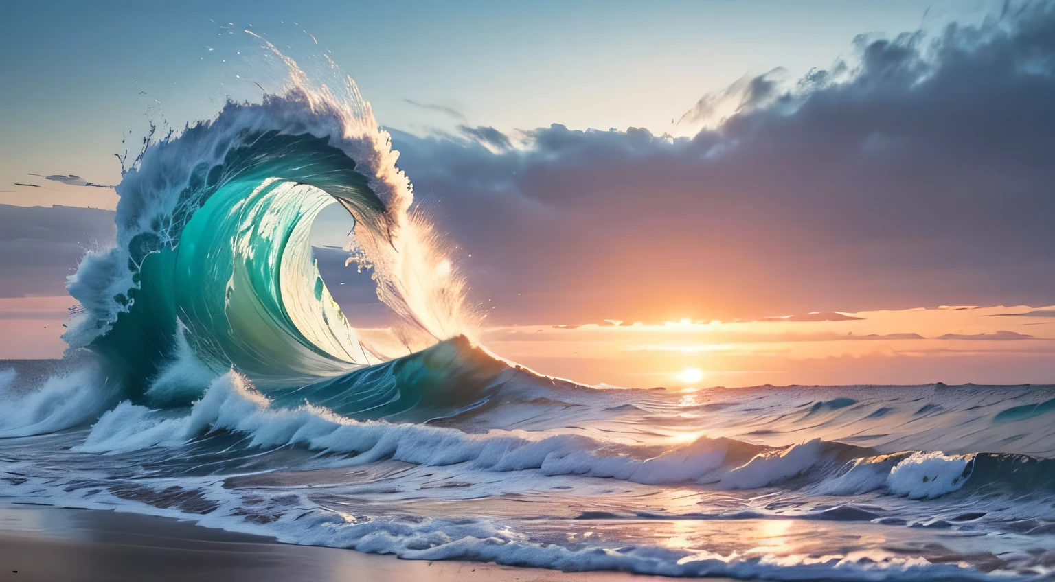 draw the morning sun,draw a photo、Waves crashing on the shoreの絵, natural landscape、draw the first sunrise、Shining waves、Waves dyed by the morning sun、Waves crashing on the shore、pull the slow shutter、Beautiful coast、Natural clouds