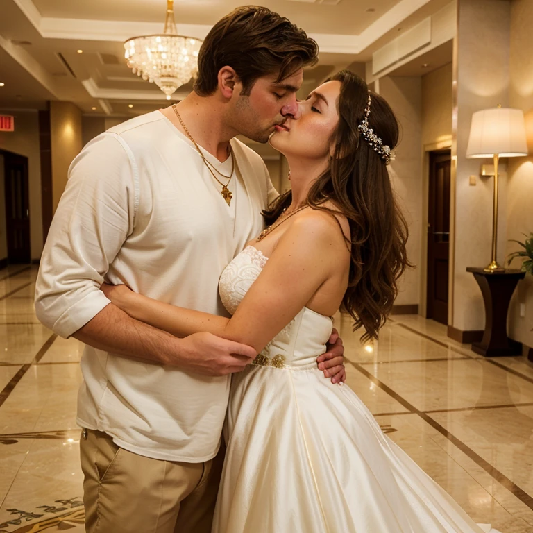 Cuckold chubby white hotwife, brown hair, wedding dress, golden necklace, tall man, romantic,man kissing, hotel lobby, illustrations, ultra-detailed, realistic, vivid colors, full body picture, warm tones, soft lighting