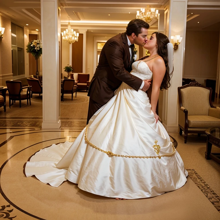 Cuckold chubby white hotwife, brown hair, wedding dress, golden necklace, tall man, romantic,man kissing, hotel lobby, illustrations, ultra-detailed, realistic, vivid colors, full body picture, warm tones, soft lighting