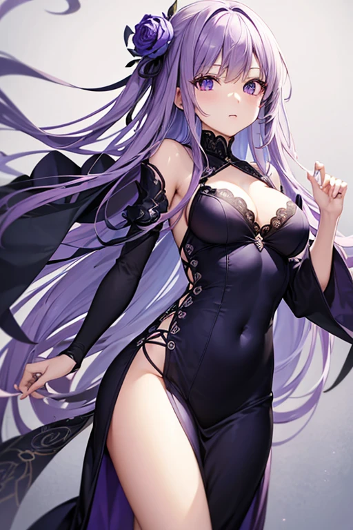 masutepiece, Best Quality, girl with、((Beautiful detailed eyes))、 (Detailed light)、depth of fields、Light purple hair、Light purple eyes、Long、Dark blue robe、Less exposure