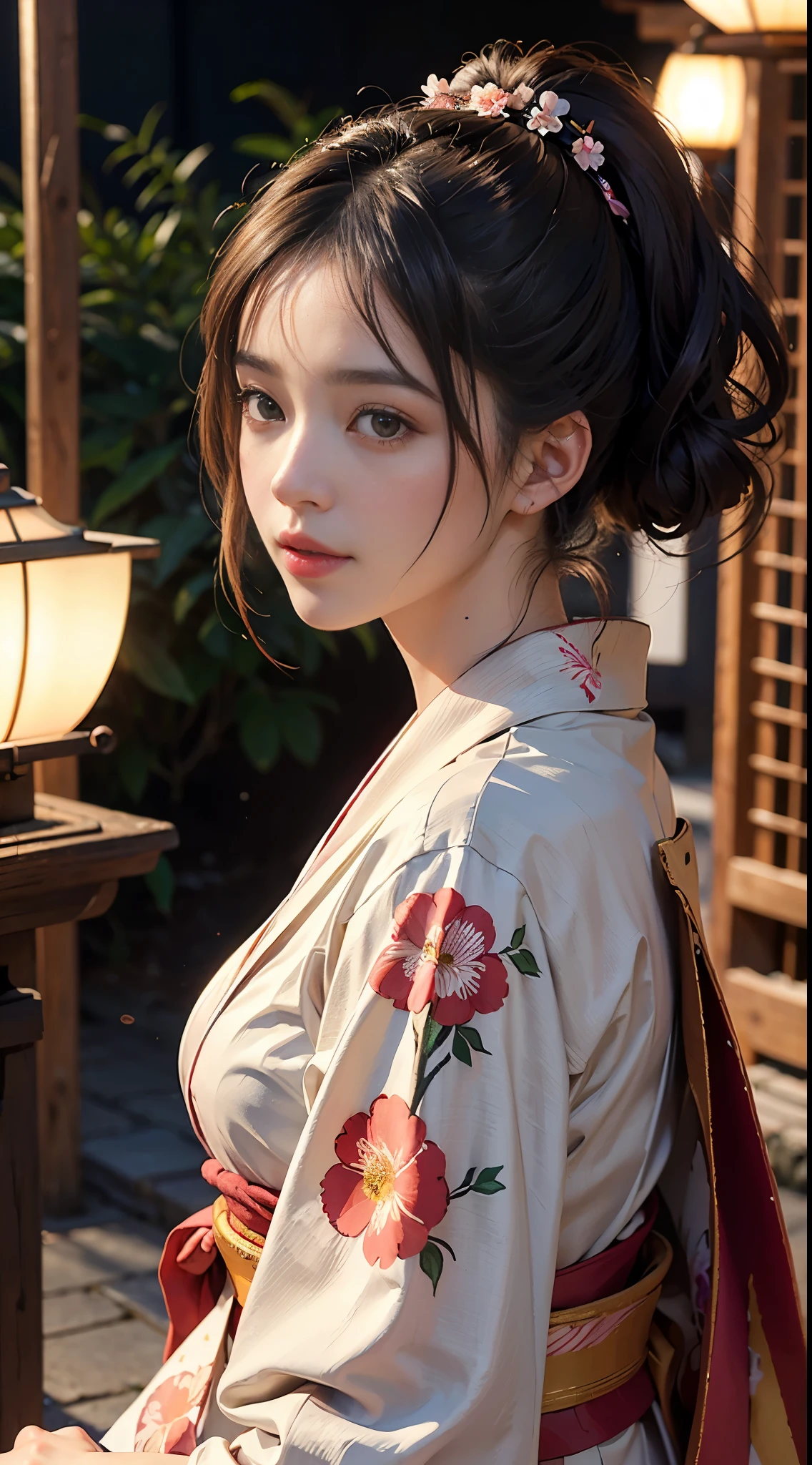 ((top-quality)), ((​masterpiece)), (detaileds:1.4)、in 8K、best qualtiy，full body sface focus,(goodbye waving),Soft light, smile,peal skin,wetted skin（depth of fields），超A high resolution，RAW Photos，Geta,Foot bag,japanese kimono(yukata Flower)  pony tail dark brown hair Hairpin holding Fan background Torii Shrine Sakura
