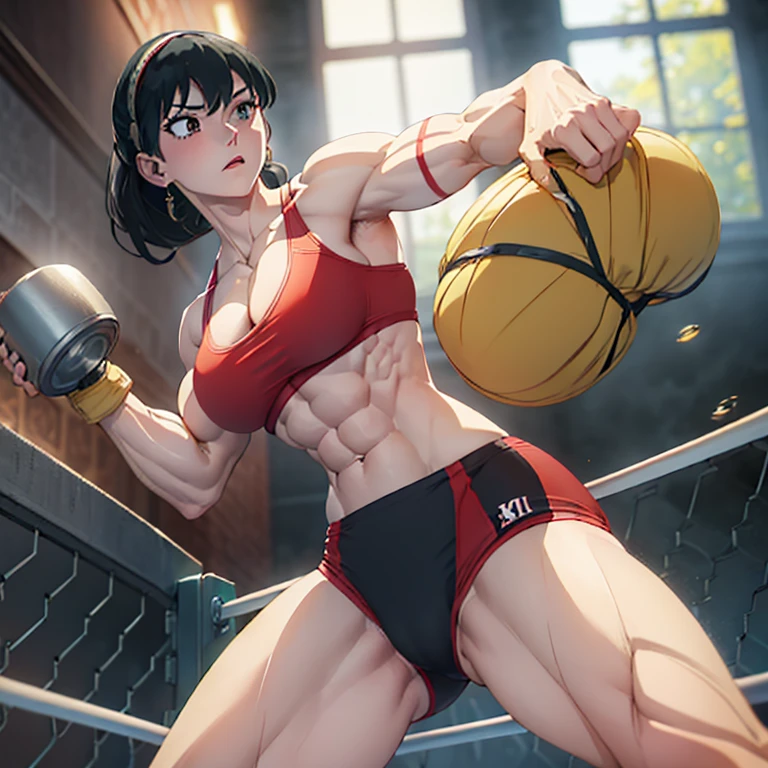 (Eine detaillierte Zeichnung von yor, female Bodybuilding,dominate Wrestling fetales muscle hunk, bodybuilding gym.), shirtless, barefoot, Wrestling, bearhug