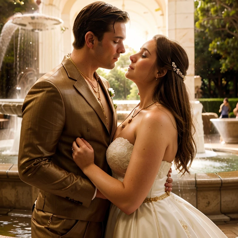 Cuckold chubby white hotwife, brown hair, wedding dress, golden necklace, tall man, romantic,man kissing, hotel garden, illustrations, ultra-detailed, realistic, vivid colors, full body picture, warm tones, soft lighting