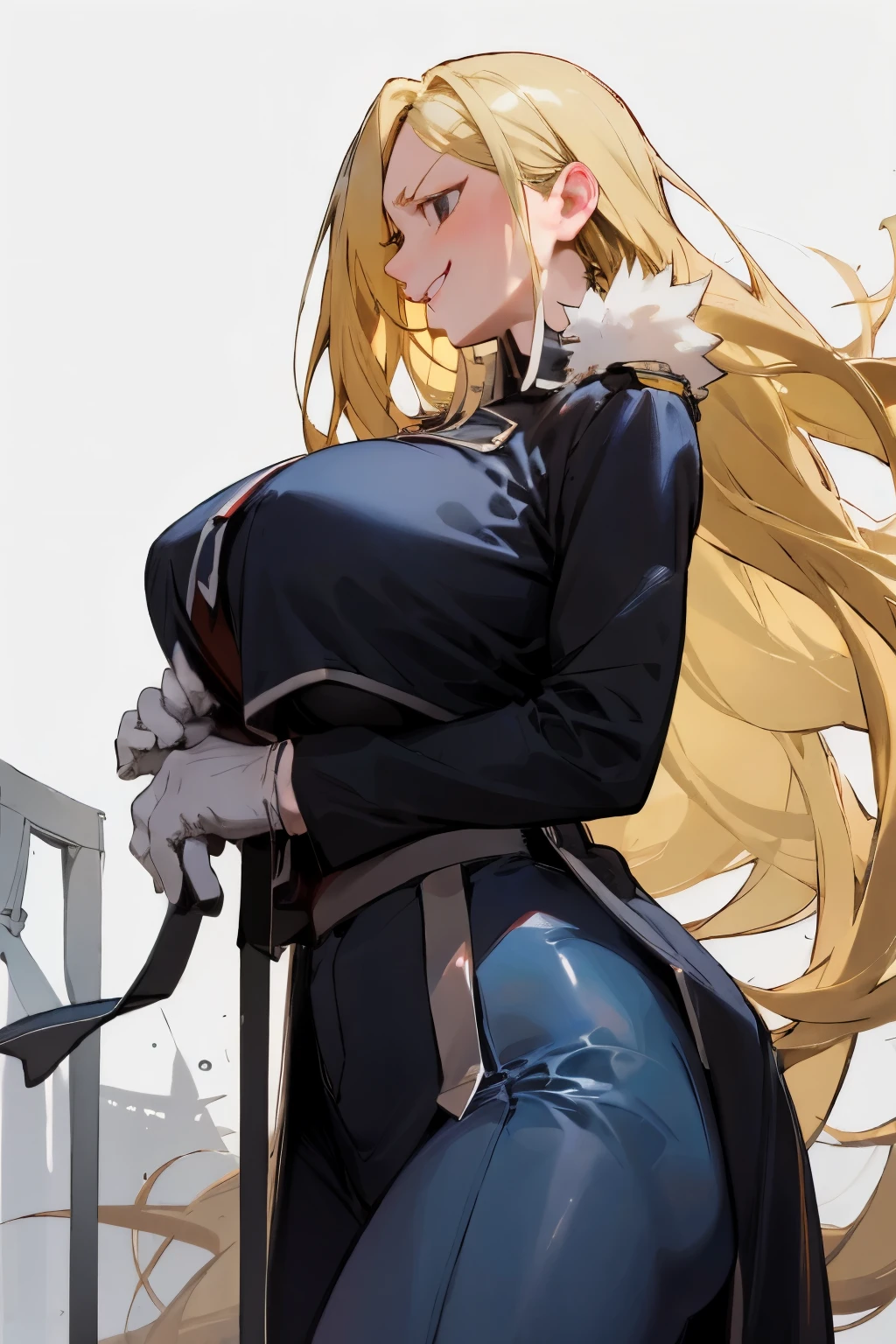 olivier_mira_armstrong,(from side:1.3),from below,(huge breasts:1.2), (evil smile:1.2), gigantic breast", etc. (smug emotions)

, sagging breasts