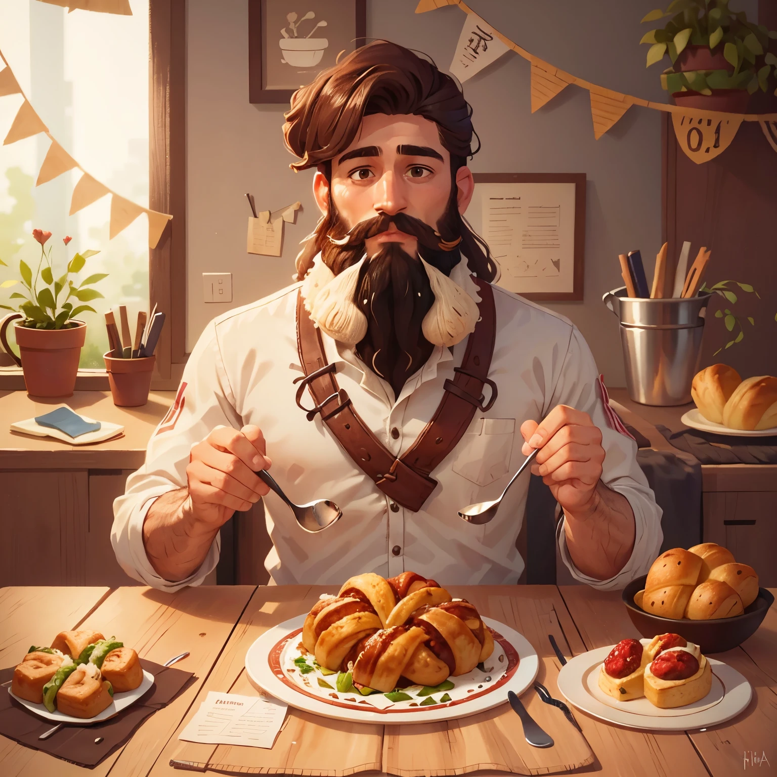 Hombre con barba larga compartiendo en la mesa, sobre la mesa hay pan trenzado que se come en Shabat (It's called Challah), jewish decoration