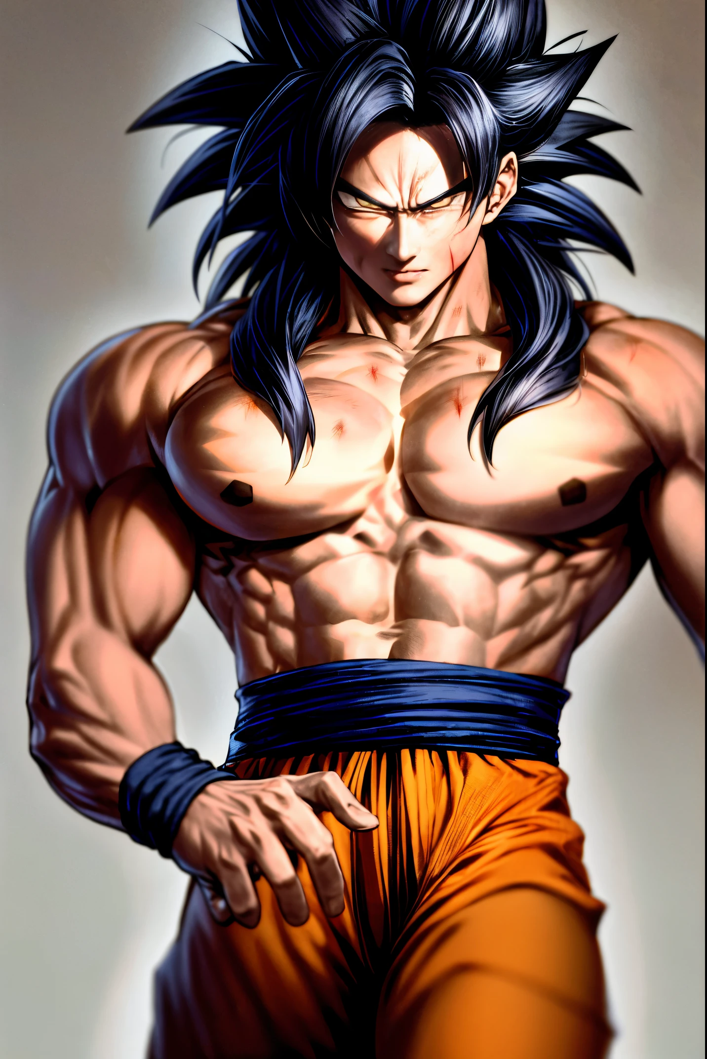 son goku, 1boy, arms at sides, artist name, baggy pants, biceps, black hair, blood, blood from mouth, blue sash, blue wristband, blurry, blurry background, body fur, closed mouth, collarbone, frown, long hair, looking away, looking to the side, male focus, monkey tail, muscular, muscular male, pants, pectorals, red fur, sash, scratches, serious, simple background, solo, spiked hair, standing, super saiyan, super saiyan 4, tail, torn clothes, twitter username, v-shaped eyebrows, wristband, yellow eyes, yellow pants, ((masterpiece))