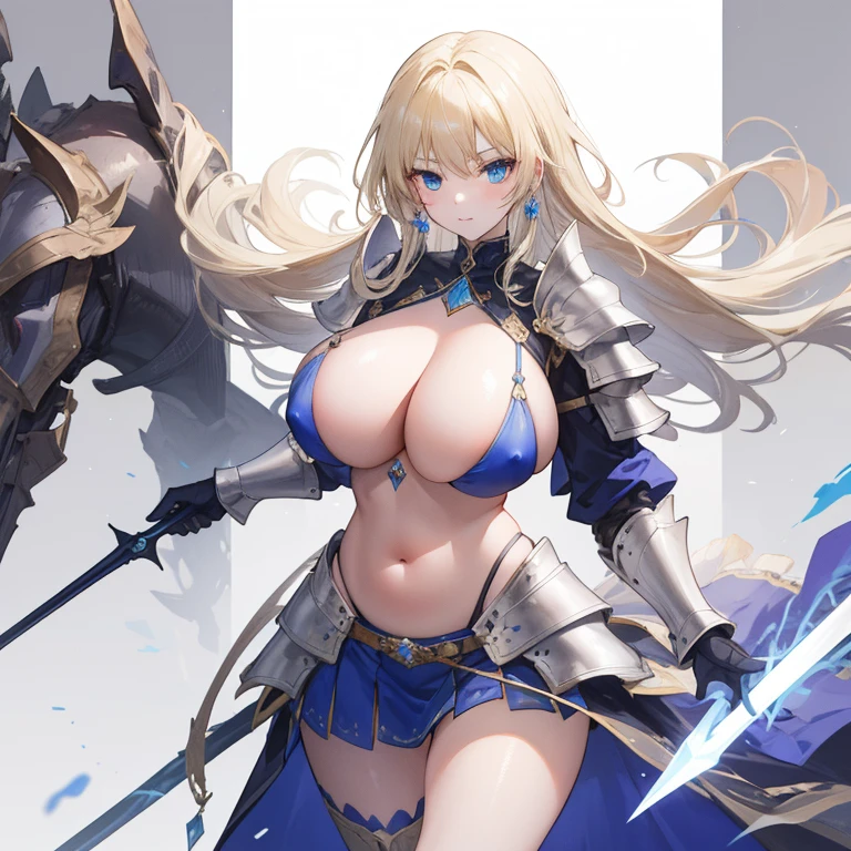a beauty girl,cabellos largos dorados,blonde with blue eyes,Wear gorgeous armor,(Silver armor),Armor,(holding a long spear),Huge spears,Shoulder pads,Armour,chest plate,Combat skirt,Leg nails,(royal knights),(huge tit), exposed belly