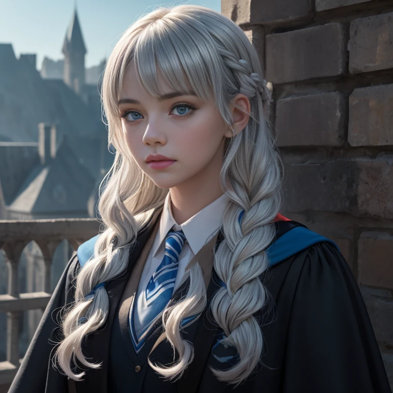 Hyper-realistic art, 8K, ​masterpiece, Perfect litthing, cinematic lightening, A teenage girl, graduate, the witch, let down long bright silver hair、Braiding, With bangs, Completely blue eyes, wearing a blue Hogwarts uniform, Ravenclaw, Castle background