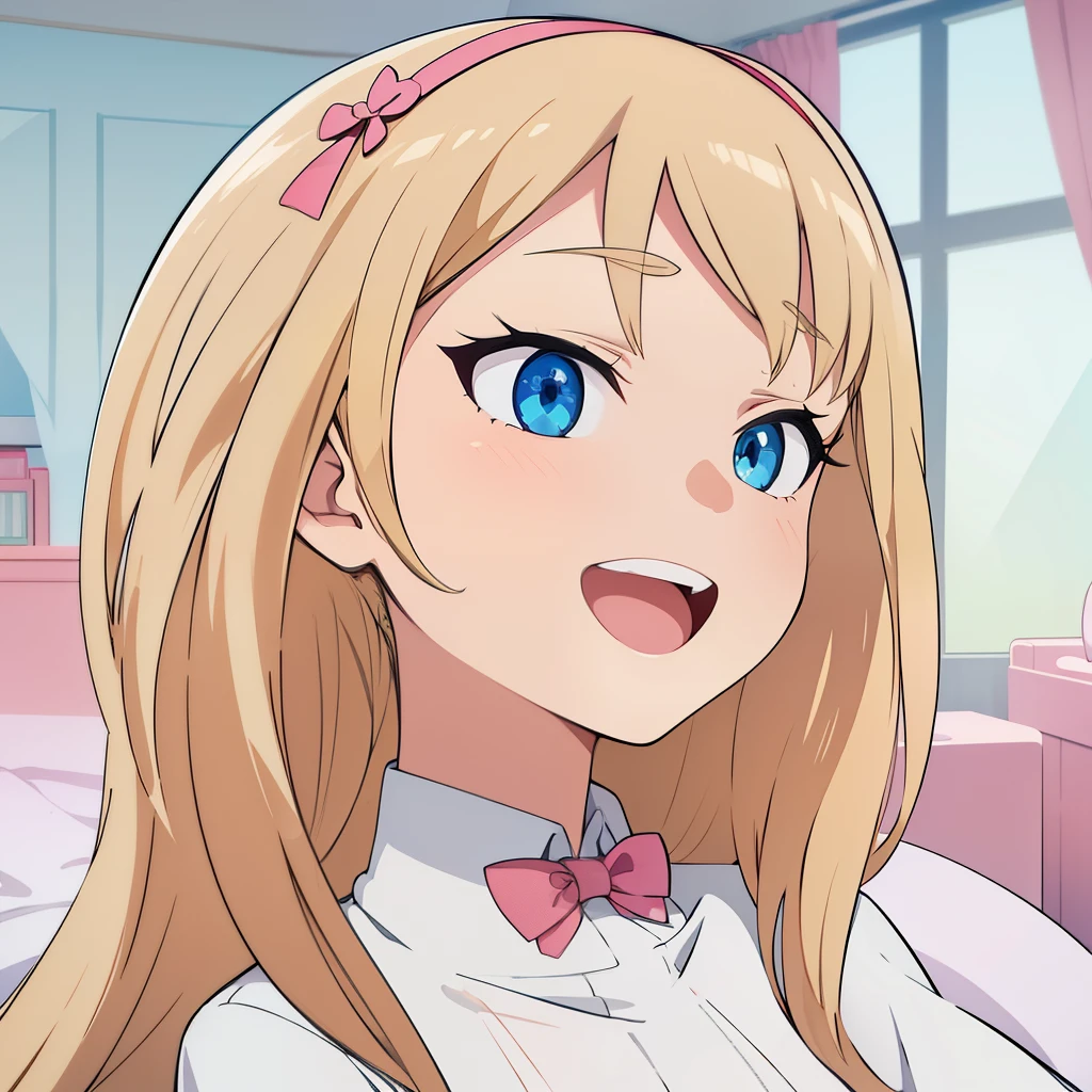 hiquality, tmasterpiece (One teenage girl). blonde woman. blue eyes. ssmile. open mouth with teeth. white shirt. Pink Bow. room at background.