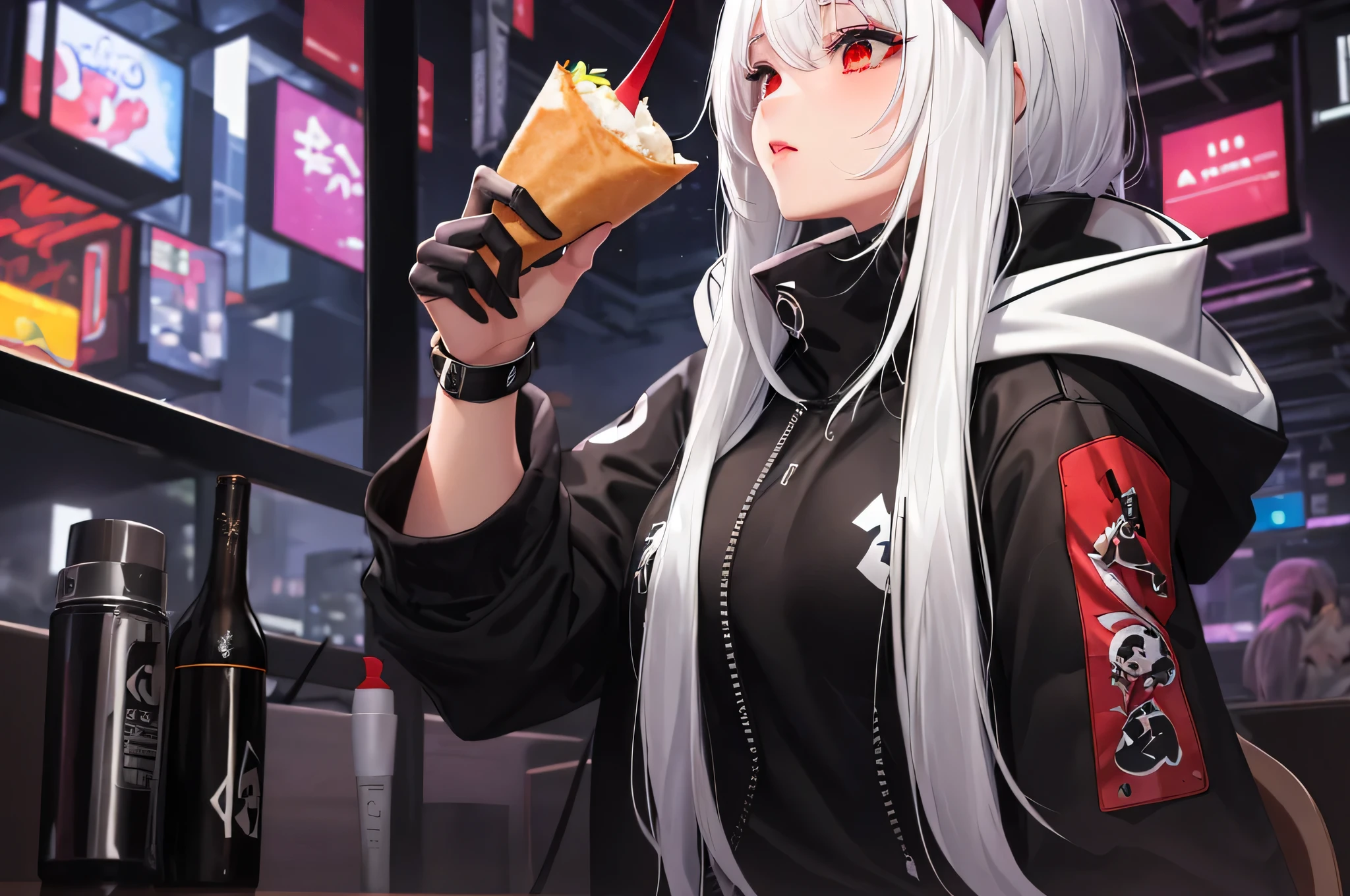 1 girl, white hair, oversized black hoodie, cyber daemon, loli, cyberpunk, ((cyber horns)), red eyes, eating at a quiet cafe