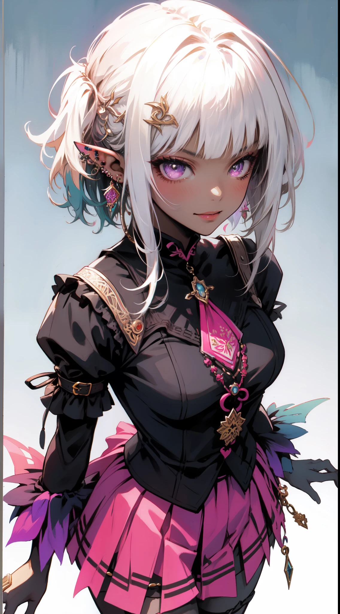 (masterpiece, top quality, best quality, official art, beautiful and aesthetic:1.2), ((dark elf)), ((1girl)), extreme detailed, (fractal art:1.3), colorful, highest detailed, Cowboy shot, from above, in the style art by Artgerm, by wadim kashin, by Kawacy, by Yoshitaka Amano, BREAK, insanely detailed face, details eye, Blunt bangs, white hair, (hair between eye), eyelashes, violet eyes, eyeshadow, pink eyeshadow, (dark skin:1.2), glaring, smile, head tilt, BREAK, corsages, jirai kei, (jirai kei fashion:1.1), Frills, Skirts, Various accessories, (ear piercing), punky style, Japanese subculture, fashion, Stockings, colorful, (Dark circles:1.2),