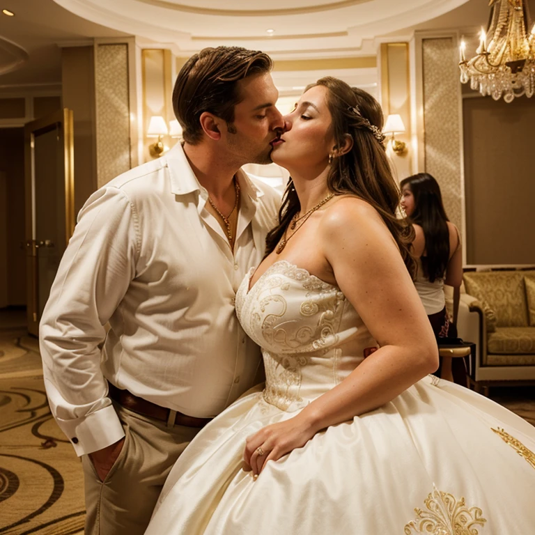 Cuckold chubby white hotwife, brown hair, wedding dress, golden necklace, tall man, romantic,man kissing, hotel livingroom, illustrations, ultra-detailed, realistic, vivid colors, full body picture, warm tones, soft lighting