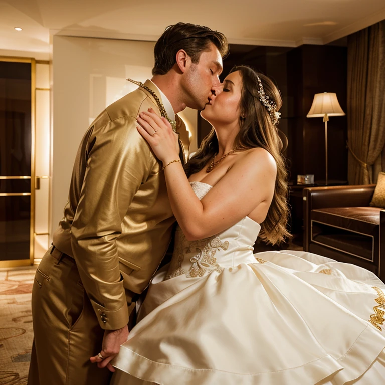 Cuckold chubby white hotwife, brown hair, wedding dress, golden necklace, tall man, romantic,man kissing, hotel livingroom, illustrations, ultra-detailed, realistic, vivid colors, full body picture, warm tones, soft lighting