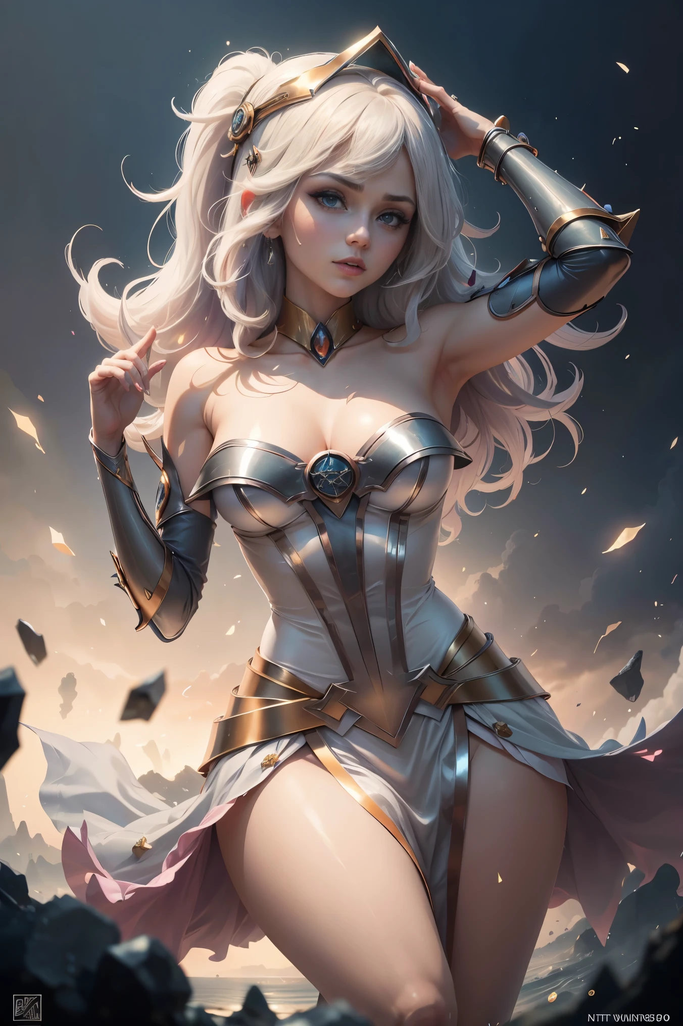 solamente, Super fine photo, Unreal Engine 5 8K UHD digital art portrait of a girl, Arte conceptual, character concept design, wearing a tight, shiny white dress with metallic details, corona de oro, ojos azules, fantasy princess, guante metalico, cabello largo y rubio, La mejor calidad, Obra maestra, Super detailed, foco nítido, pose Sujestiva y sexy y inocente y