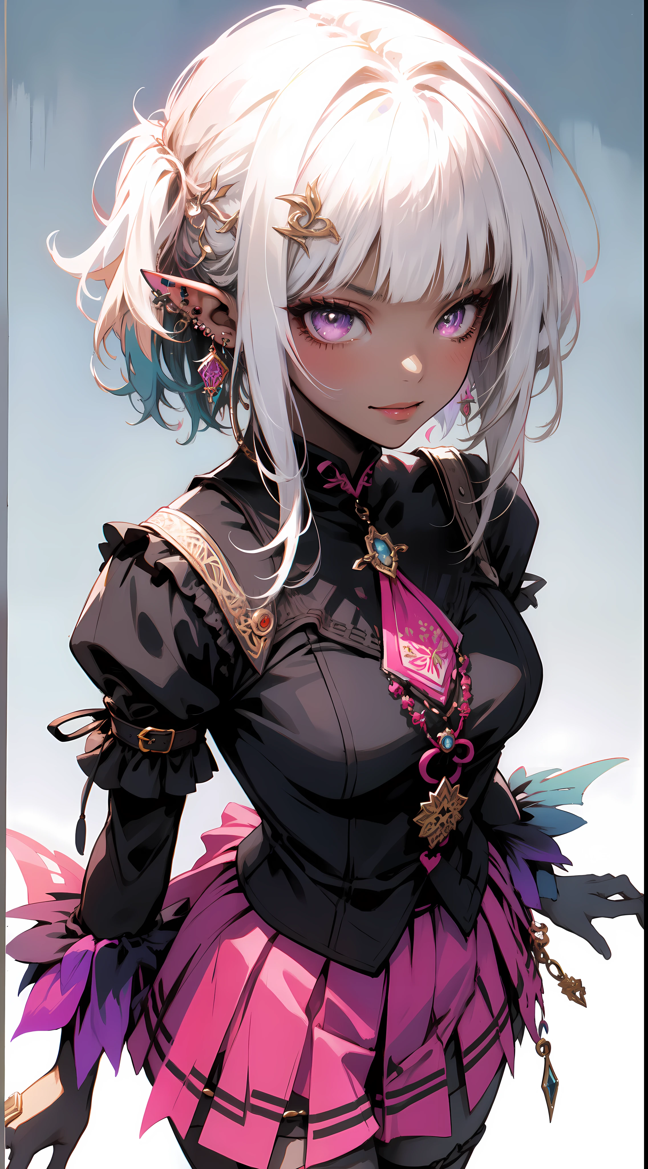 (masterpiece, top quality, best quality, official art, beautiful and aesthetic:1.2), ((dark elf)), ((1girl)), extreme detailed, (fractal art:1.3), colorful, highest detailed, Cowboy shot, from above,, in the style art by Artgerm, by wadim kashin, by Kawacy, by Yoshitaka Amano, BREAK, insanely detailed face, details eye, Blunt bangs, white hair, (hair between eye), eyelashes, violet eyes, eyeshadow, pink eyeshadow, (dark skin:1.2), glaring, smile, BREAK, corsages, jirai kei, (jirai kei fashion:1.1), Frills, Skirts, Various accessories, (ear piercing), punky style, Japanese subculture, fashion, Stockings, colorful, (Dark circles:1.2),