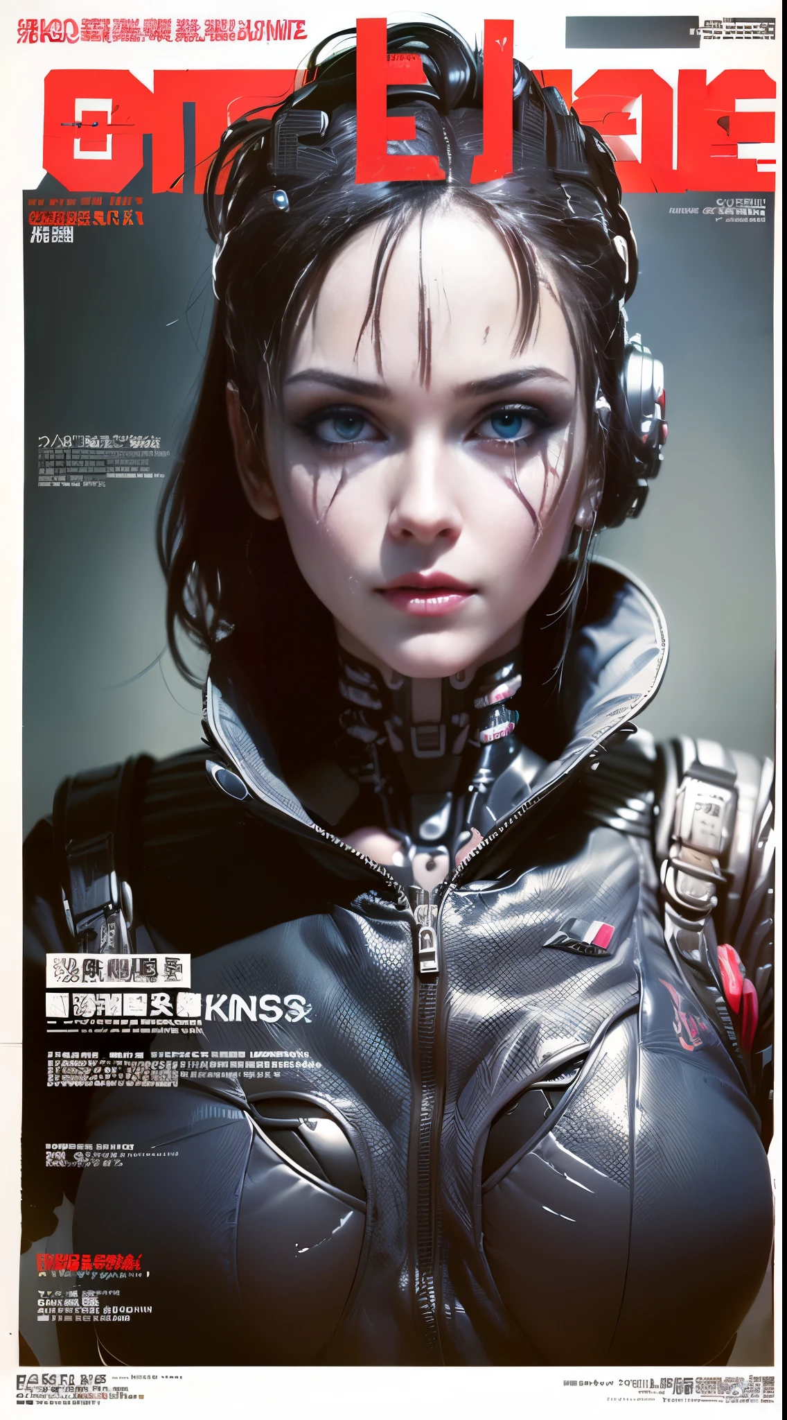 Flowing_contour biomechanical__cybernetic__realistic photograph__Strange__Weird__(((Japanese cyberpunk style Fashion_(((Magazine_cover)))__art_decor_Border)))__porcelain_and_Platinum / Futuristic Cyberpunk woman with smooth porcelain skin, (((cybernetic implants)))