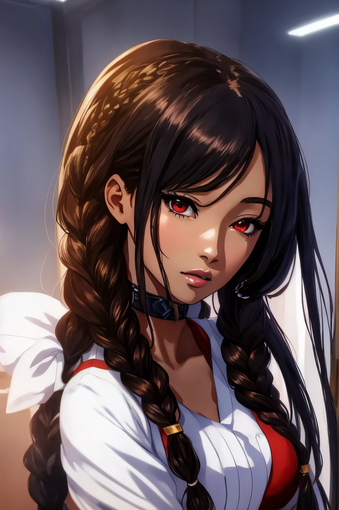 anime girl with long braids and red eyes holding a cell phone, realistic anime artstyle, detailed digital anime art, seductive anime girl, digital anime art, realistic anime art style, beautiful alluring anime , beautiful anime woman, beautiful alluring anime woman, beautiful anime portrait, digital anime illustration, detailed portrait of anime girl, stunning anime face portrait, beautiful anime girl