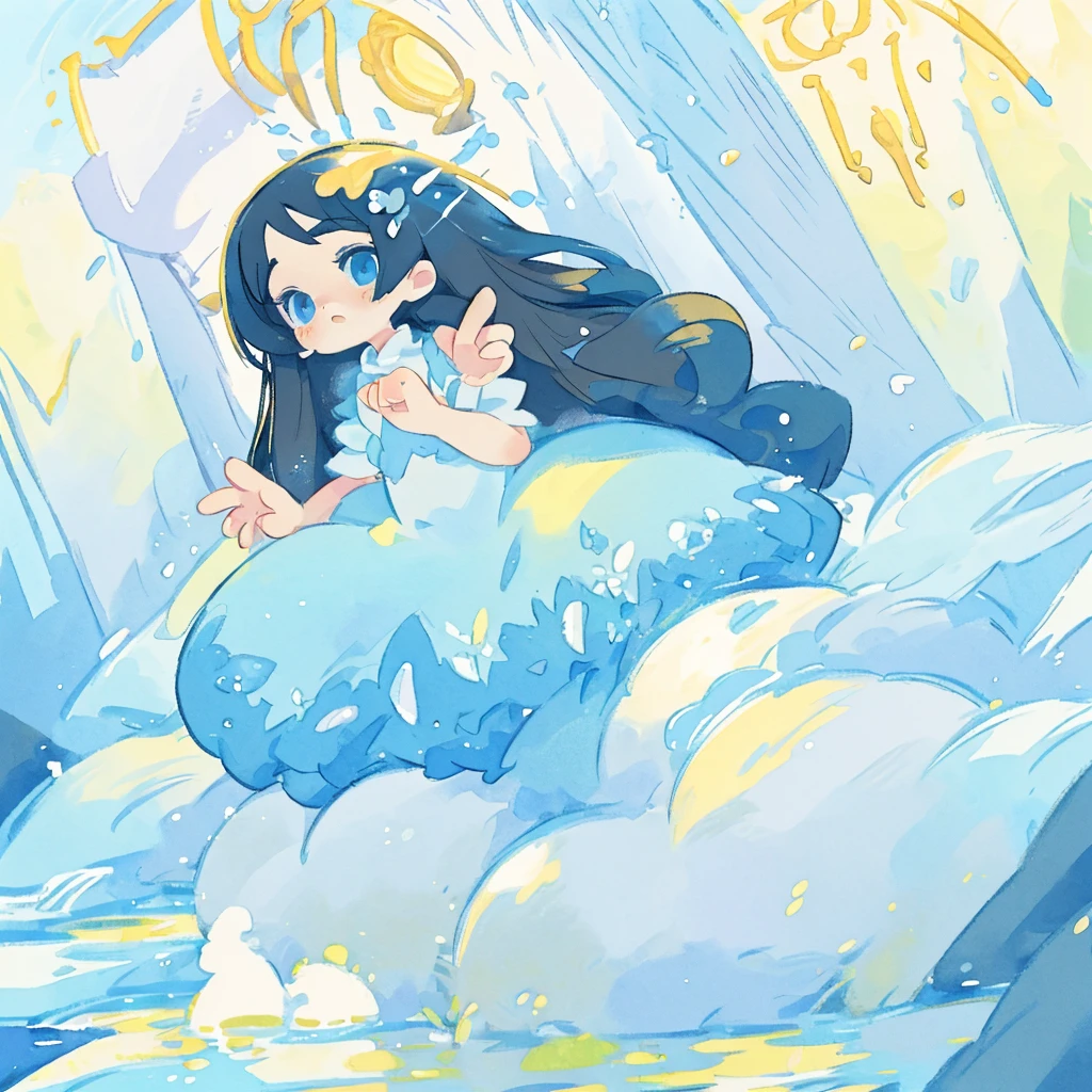(masterpiece, best quality, ultra-detailed, highres, best illustration),(1girl,fantasy princess, water themed ((shining deep sapphire eyes))((flowing straight black hair)),detailed upper body, ((beautifully detailed dark dress)),looking at viewer,windy environment,particle effects,ethereal light background, mysterious, 4k, hd, ( ((style of anime)) watercolor, pastel, sketch), mature, ethereal, godly, ( ((2hands)) small, tiny, proportional, resting ) soft golden sunlight, (natural pose, flowing pose striking pose) colorful