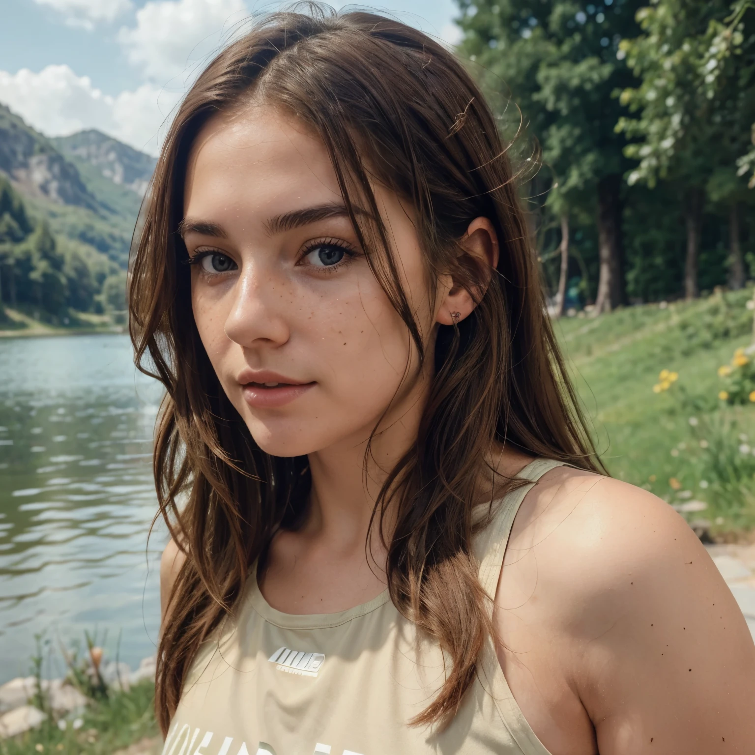 Realistic photo of beautiful woman with brown hair, hair roots slightly faded, italian, influencer, Light, freckles only on cheeks, brown eyes with the same color, no make UP, amateur instagram, we can see her entire body, she wears a outfit of running ready to run, we can see a lake behind