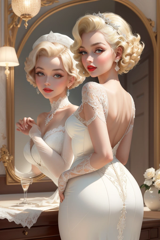 (Masterpiece - Ultra-Detailed, High Resolution) Prepare to be enchanted by a true masterpiece that combines ultra-detailed art with high-resolution rendering. This work shows a mesmerizing woman, with short, light blonde hair, 1950s style, Marilyn Monroe (1.3) and captivating brown eyes (1.2), New York illustration style, wearing red lipstick, emanating an aura of elegance and mystery. Wearing classic 1950s clothing. backwards, looking back. Intricate details and realistic textures invite you to explore every aspect of this enchanting composition. Transparent white dress. Happy new year illustration. Get ready to dive into a world where beauty and craftsmanship merge perfectly.